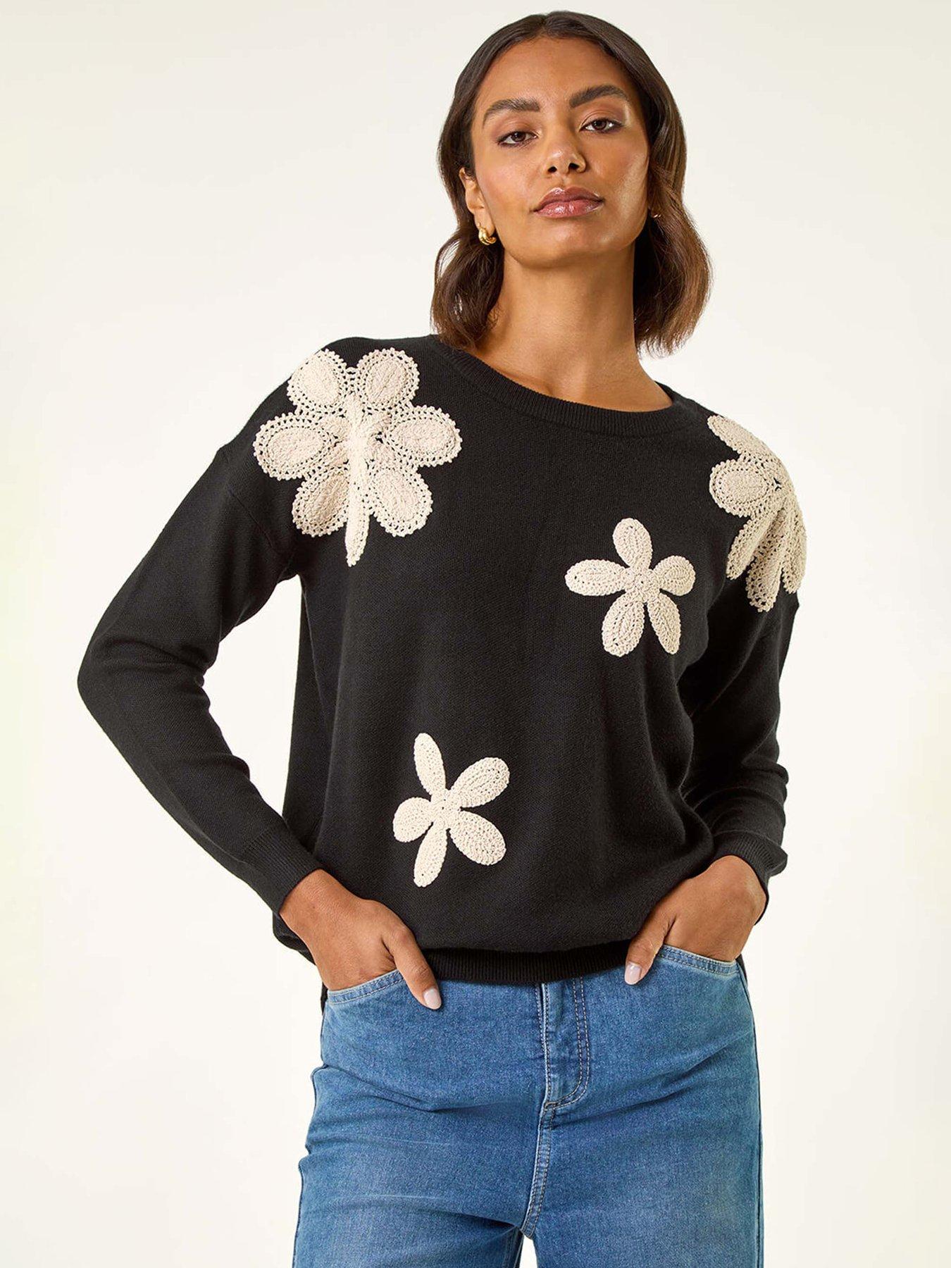 Roman Floral Lace Knit Jumper - Black