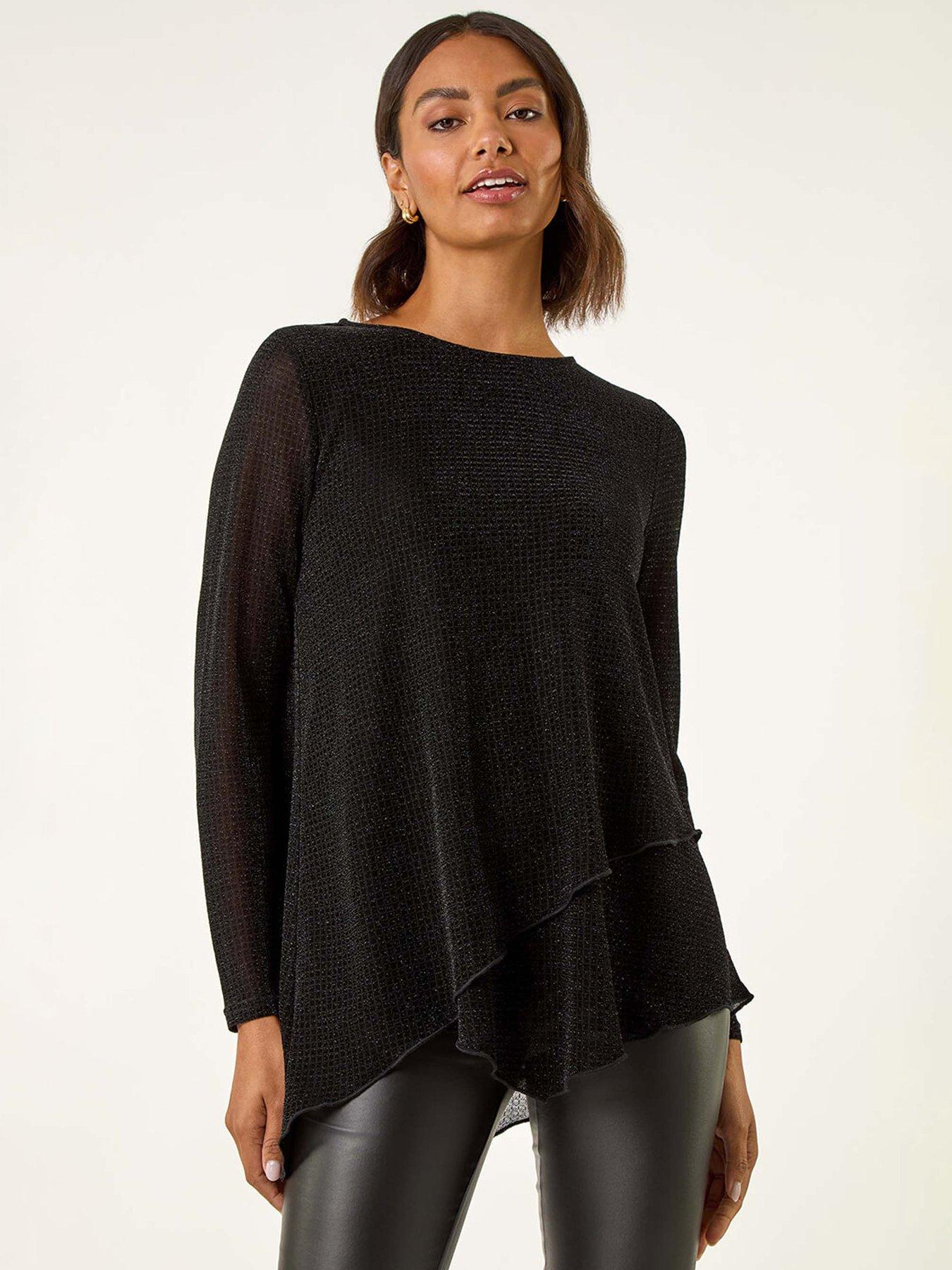 Roman Sparkle Asymmetric Layered Top, Black, Size 14, Women