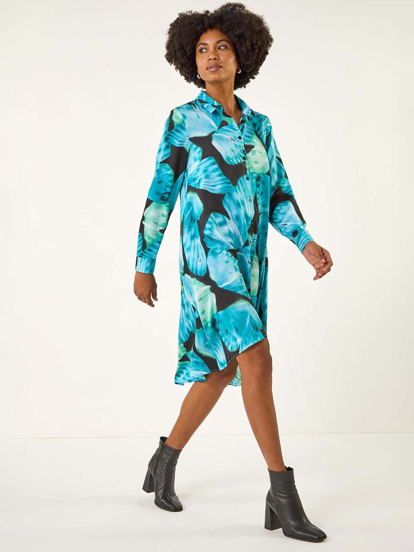 Roman Abstract Print High Low Shirt Dress - Blue