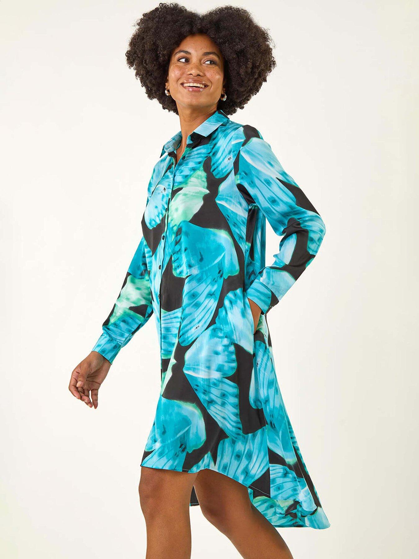 Image 3 of 5 of Roman Abstract Print High Low Shirt Dress - Blue