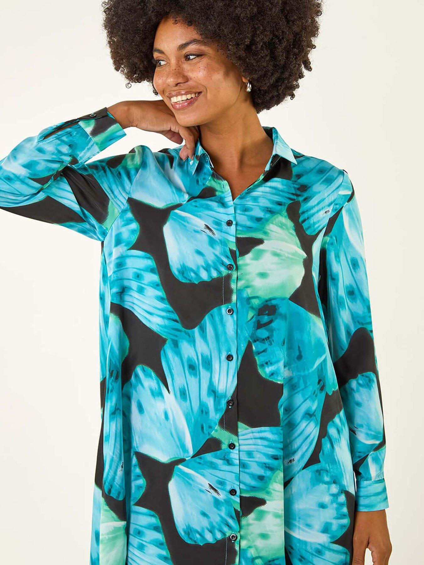 Image 4 of 5 of Roman Abstract Print High Low Shirt Dress - Blue
