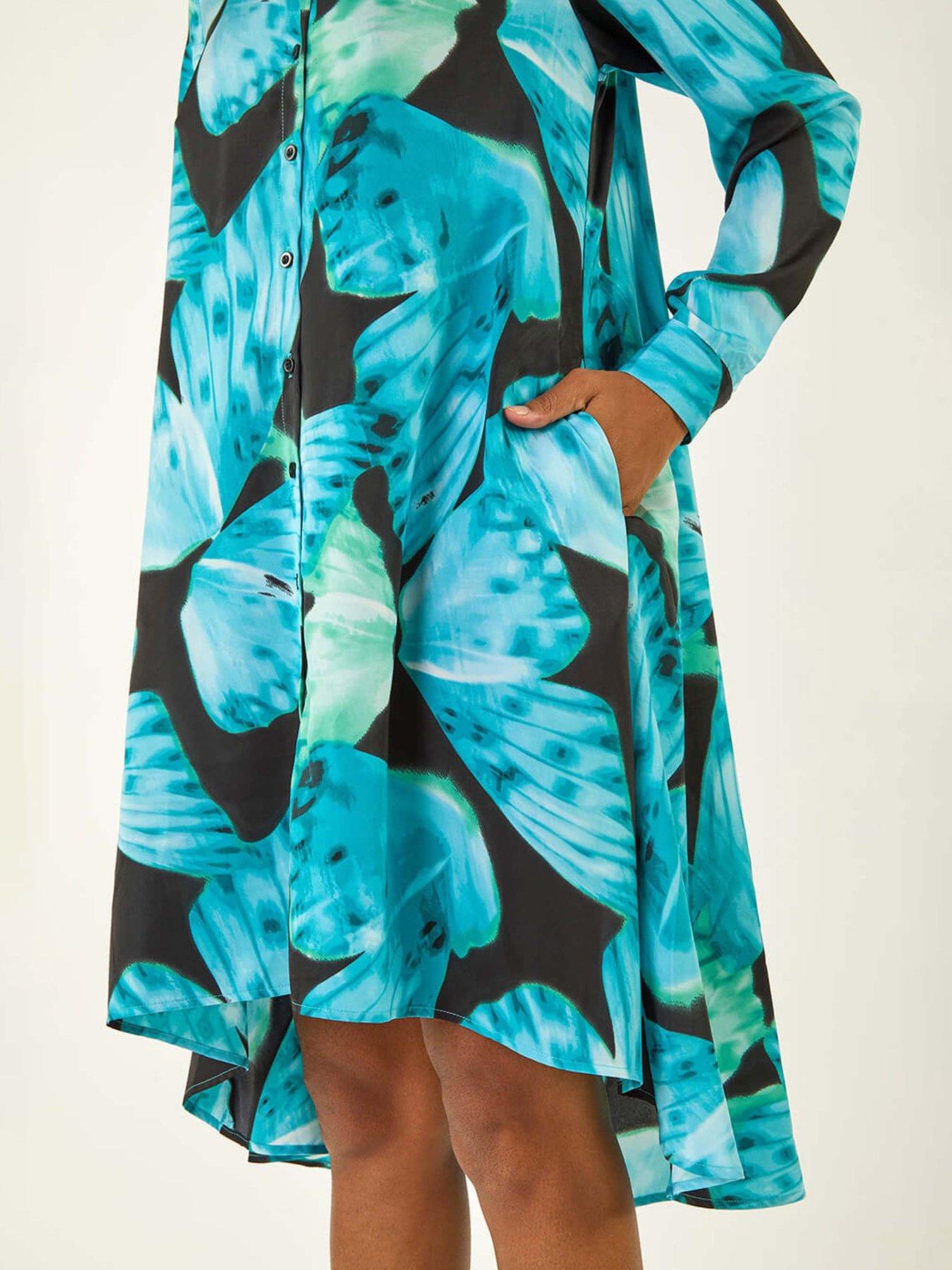 Image 5 of 5 of Roman Abstract Print High Low Shirt Dress - Blue