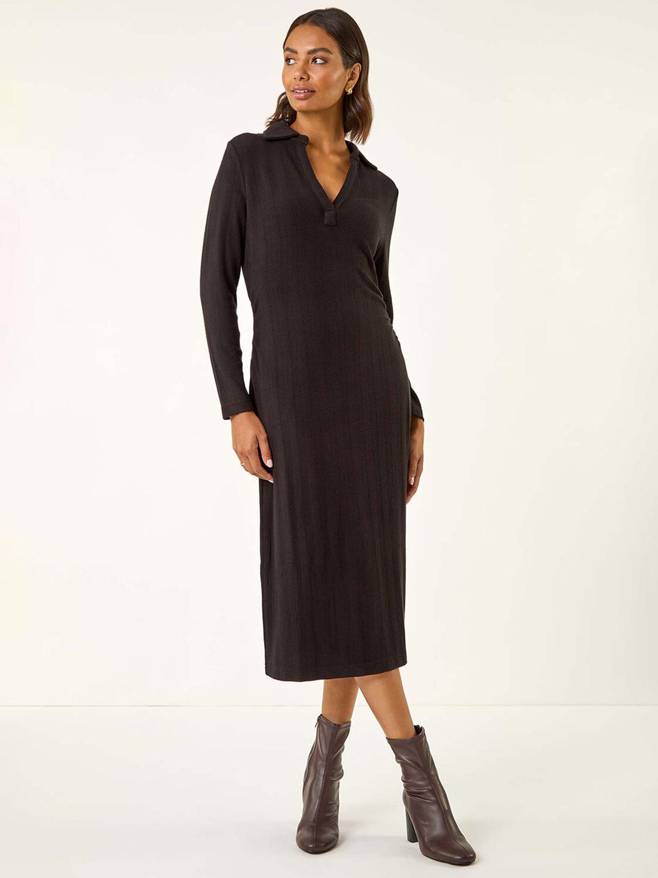Roman Collar Ribbed Knit Mid Dress - Black