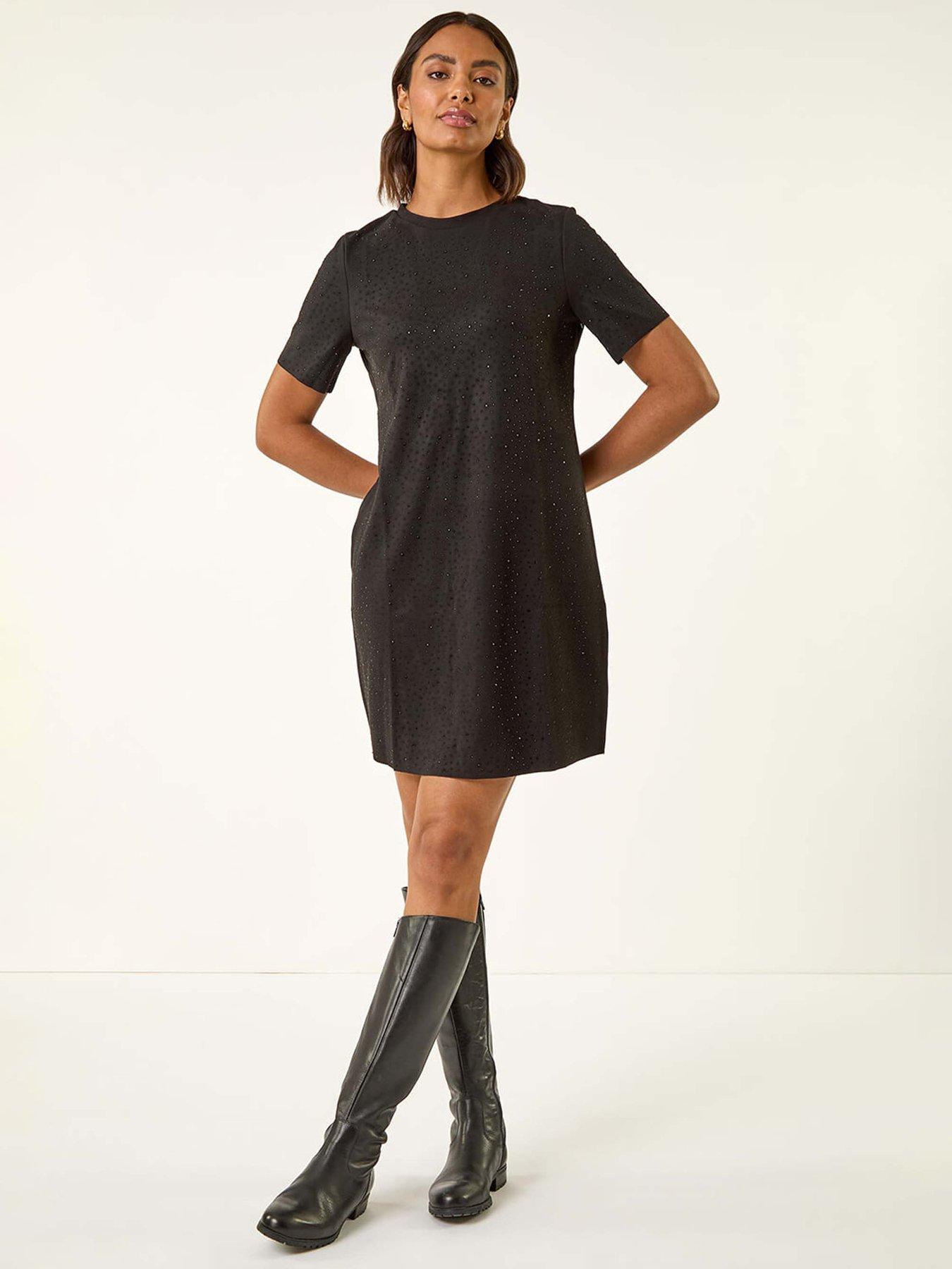 Roman Embellished Shift Stretch Dress, Black, Size 14, Women