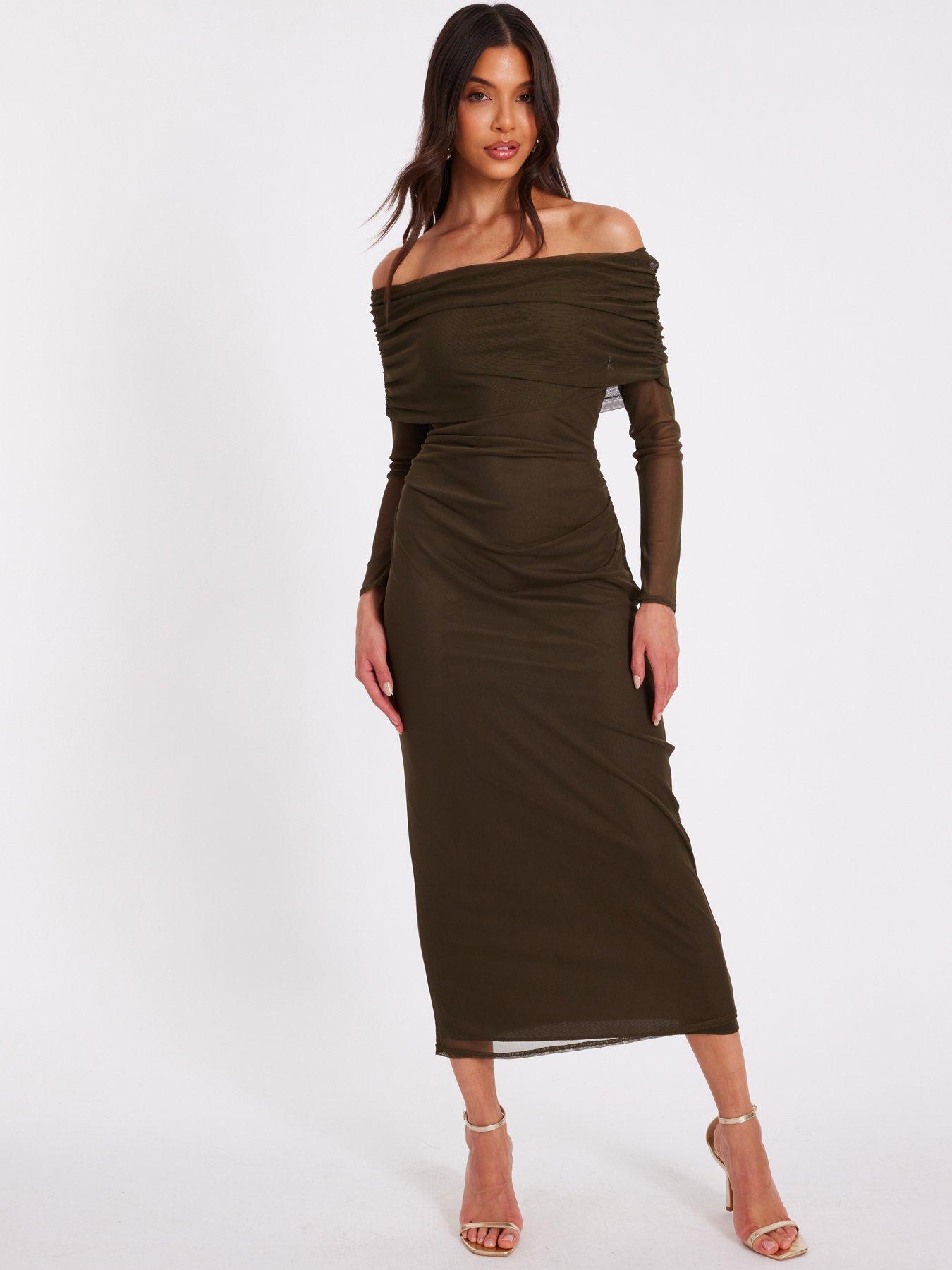 khaki mesh ruched bardot midi dress Quiz Khaki Mesh Bardot Ruched Midi Dress