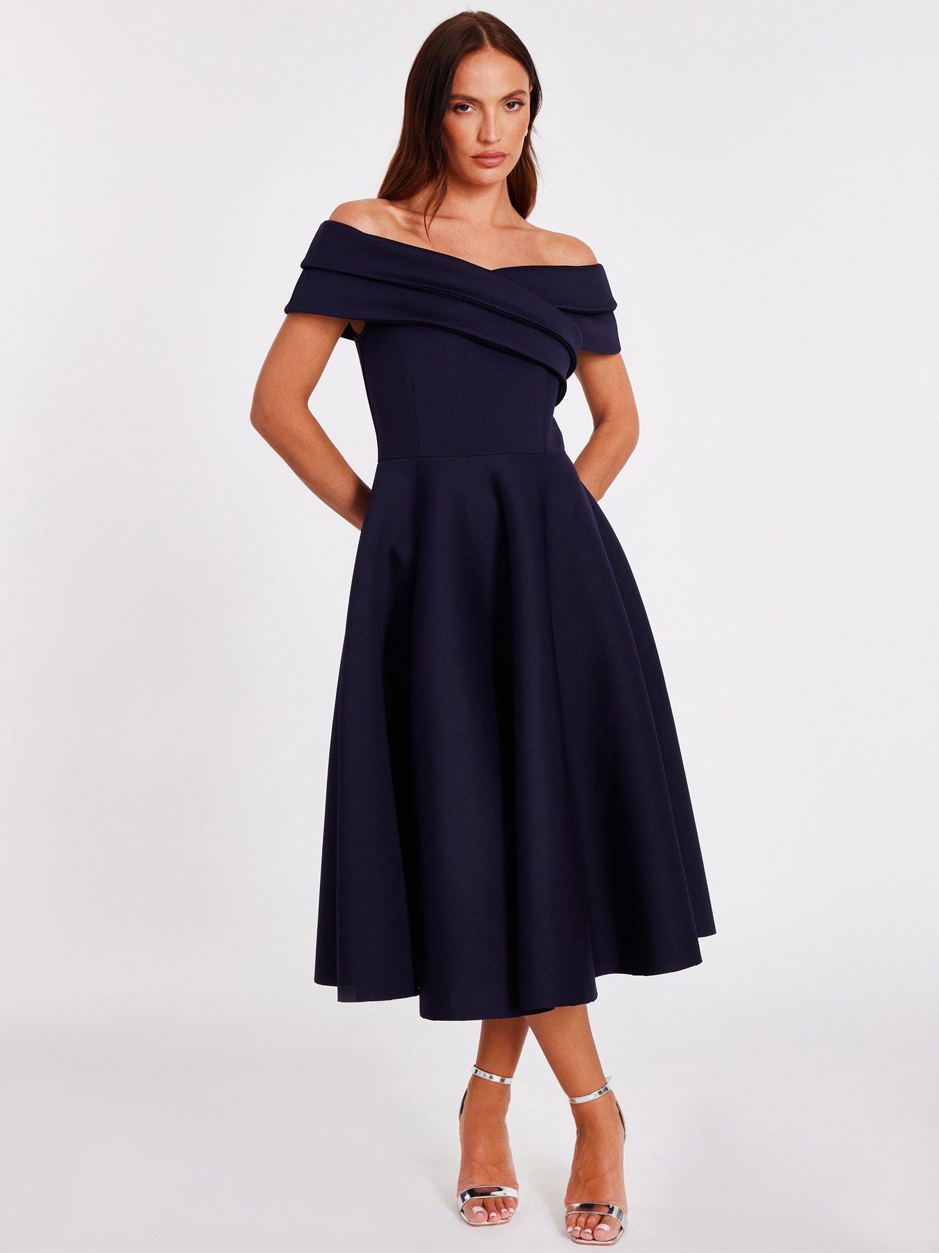Quiz Navy Pleated Bardot Midi Dress