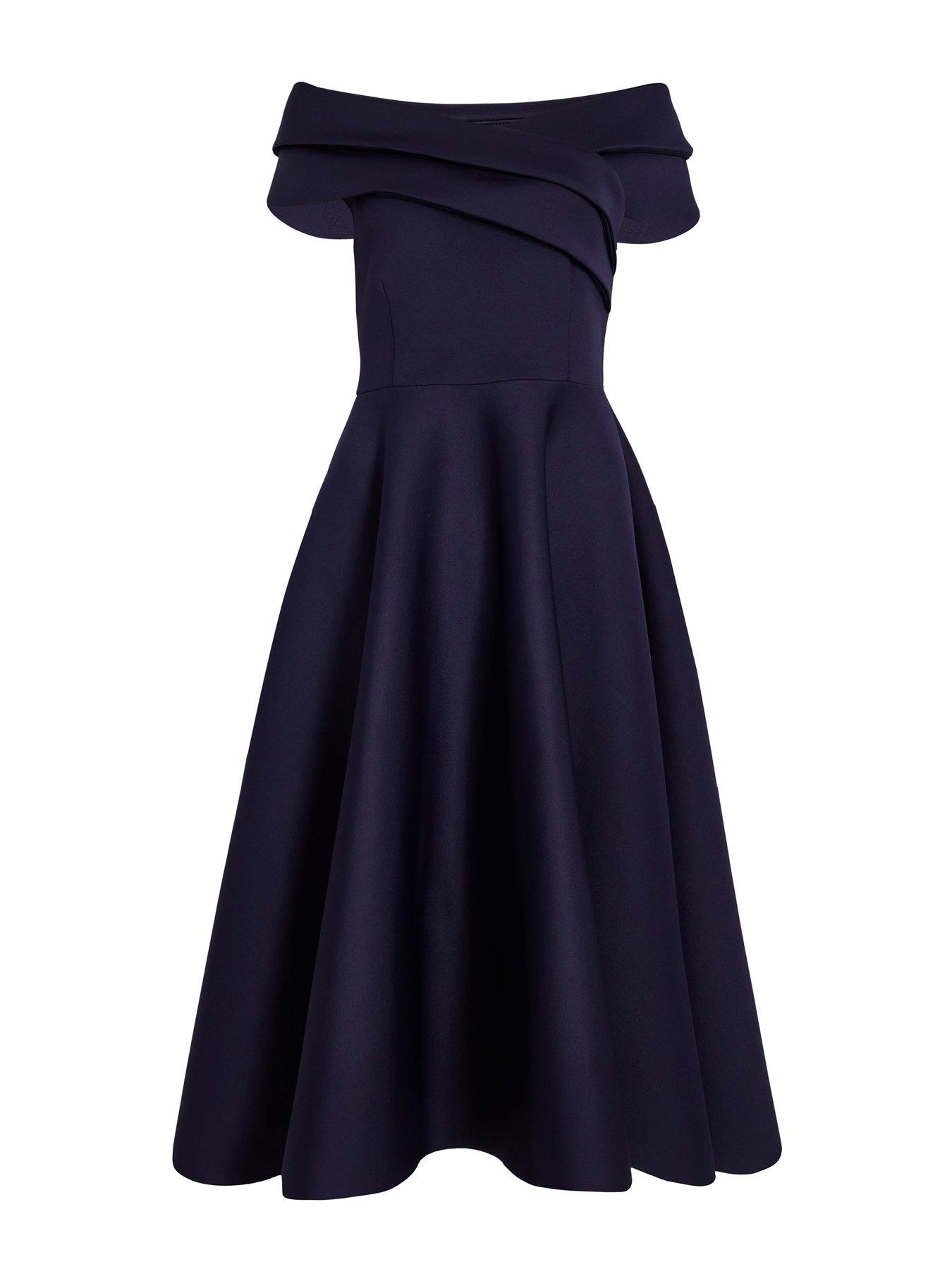 Image 5 of 6 of Quiz Navy Pleated Bardot Midi Dress