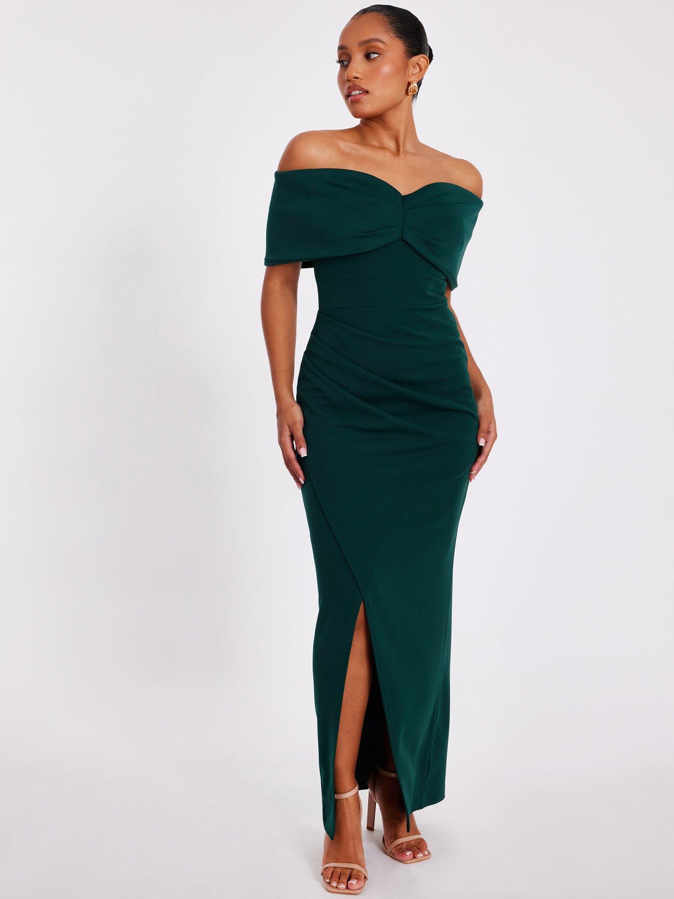 Quiz Petite Bottle Green Bardot Wrap Maxi Dress