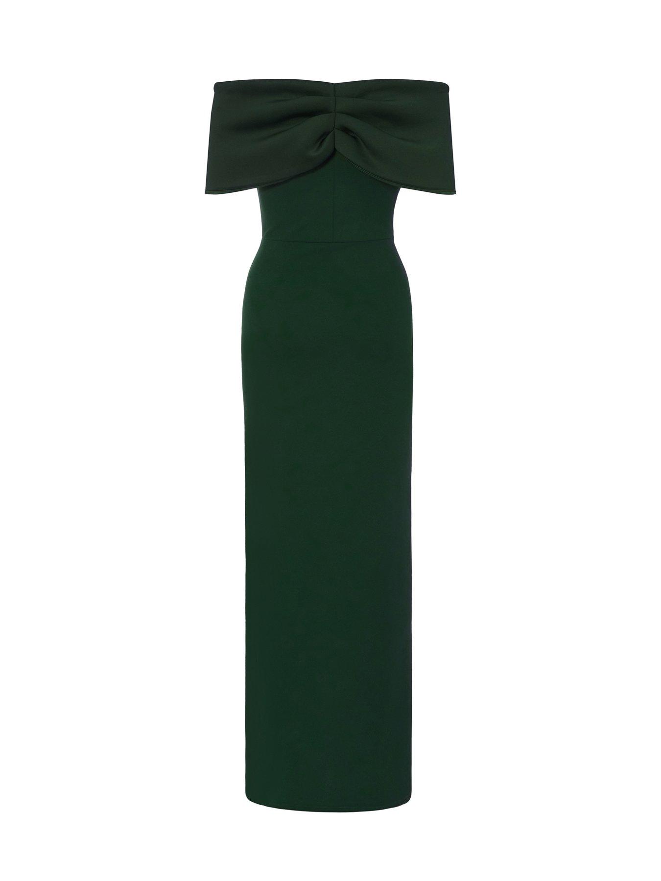 green emerald velvet dress Eva Green Bardot Bow Detail Maxi Dress With Thigh Split – Club L London
