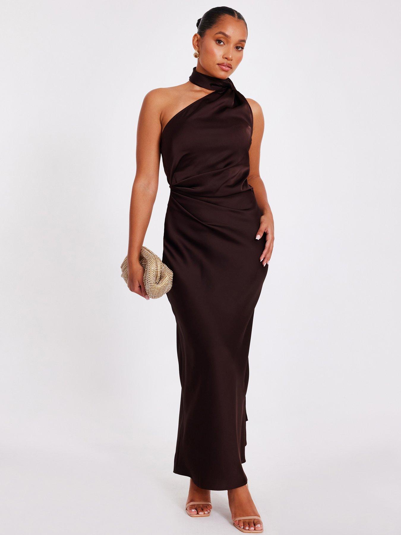 Quiz Petite Brown Satin Wrap Neck Maxi Dress