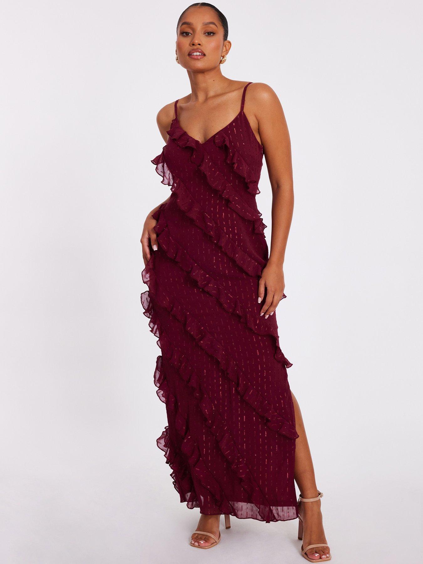 Quiz Petite Dark Red Chiffon Ruffle Midaxi Dress