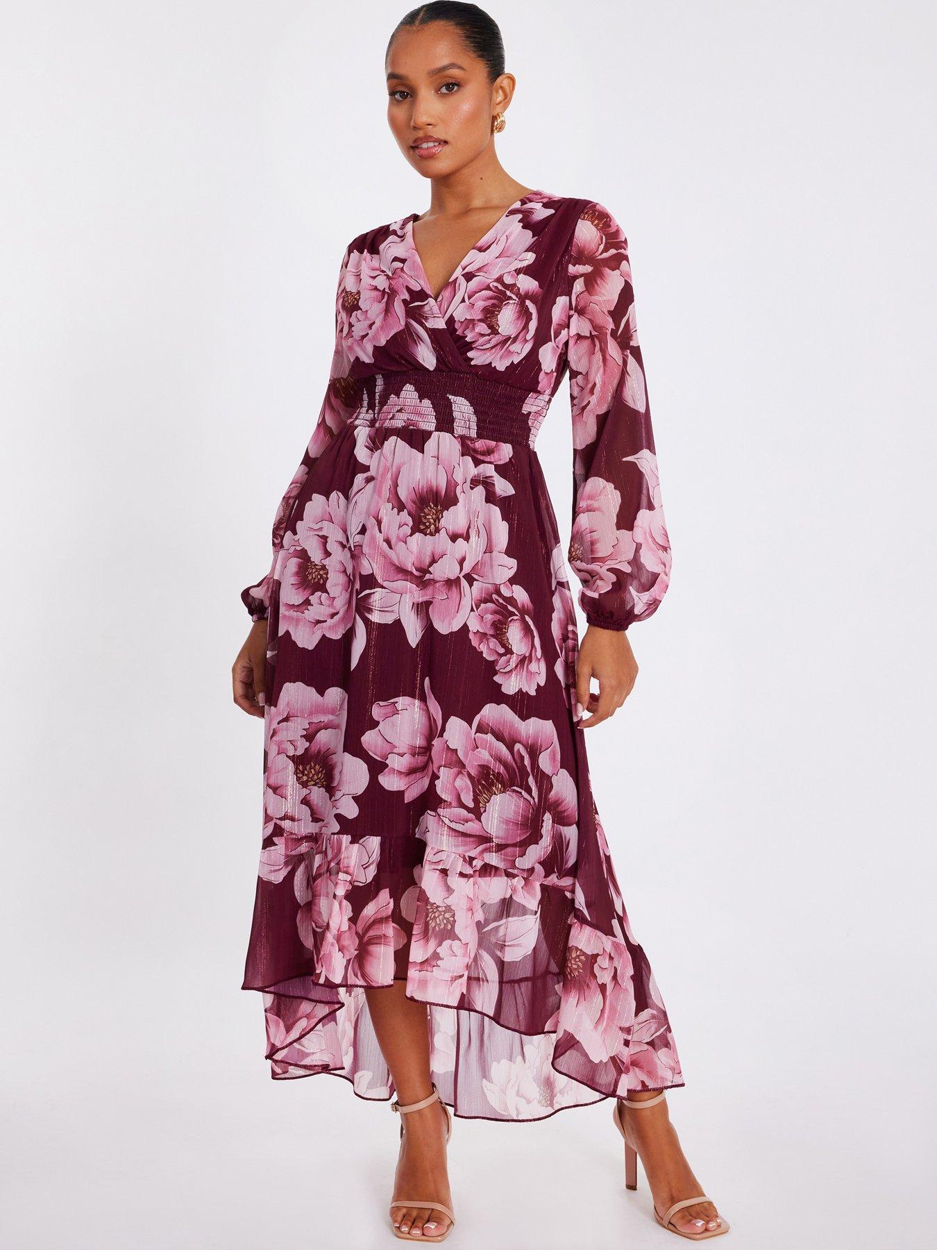 Quiz Petite Dark Red Floral Tiered Midaxi Dress