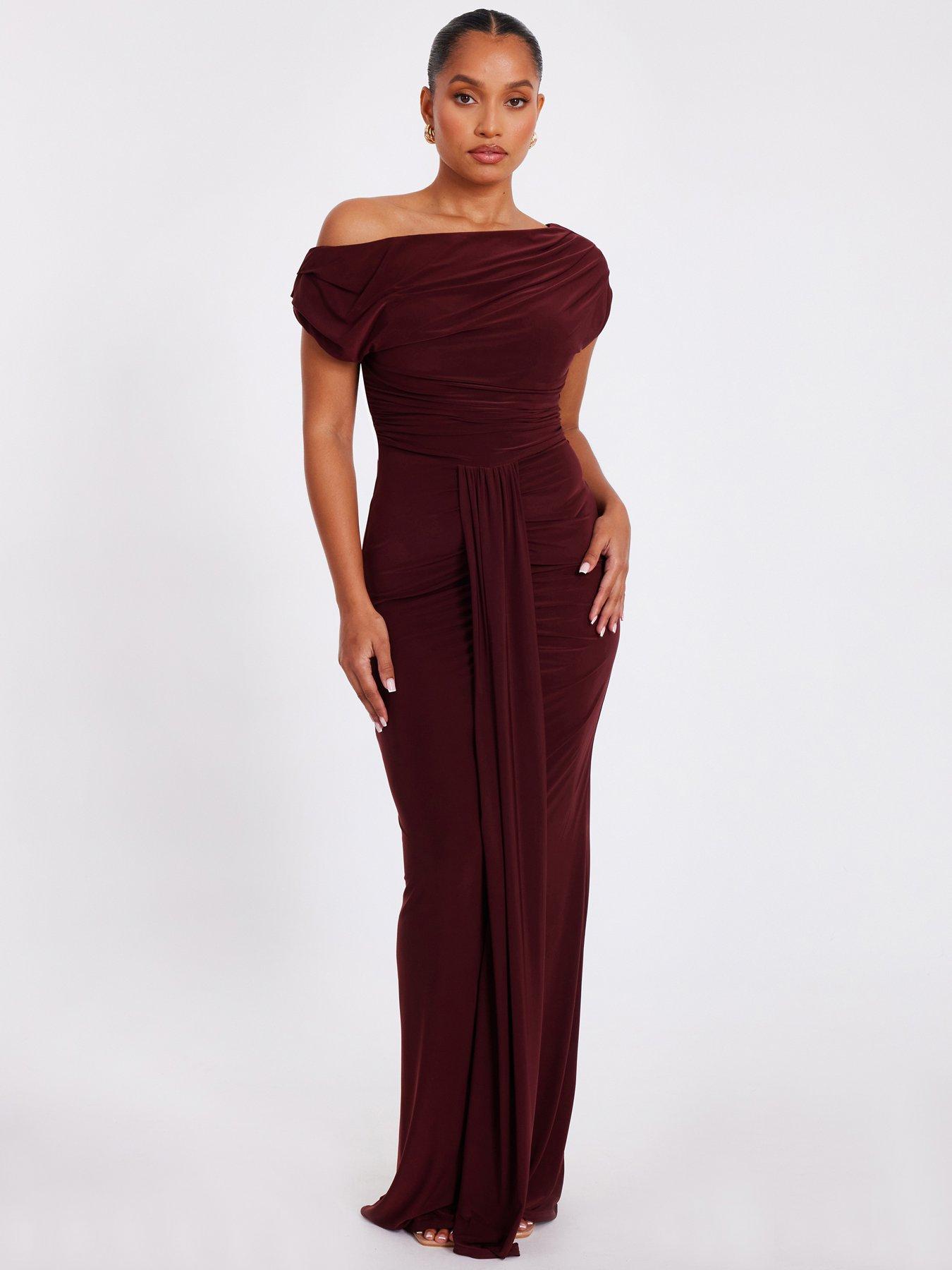 Quiz Petite Dark Red Off Shoulder Maxi Dress