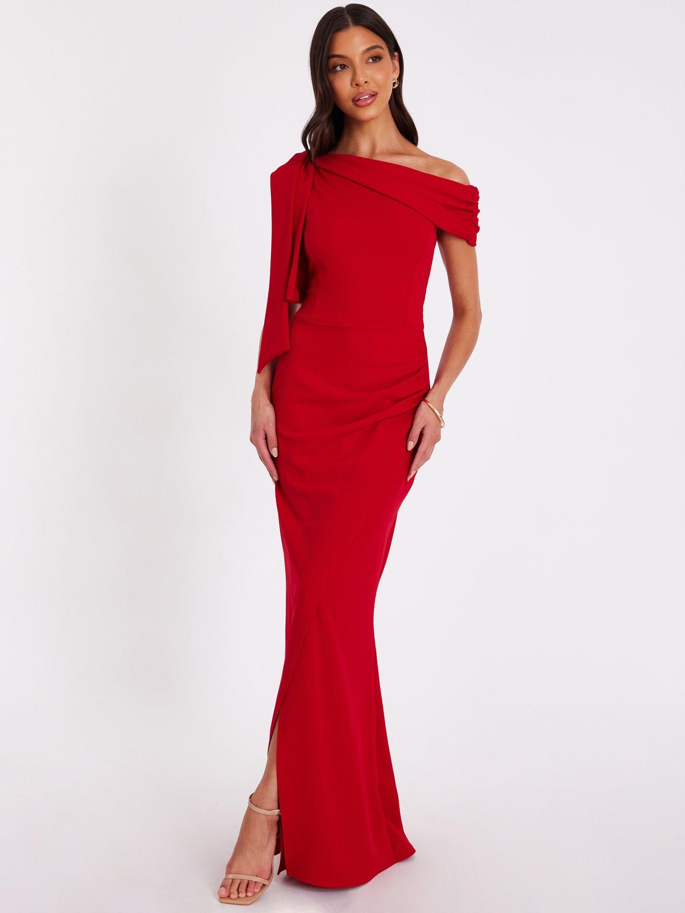Quiz Red Bardot Tie Back Maxi Dress