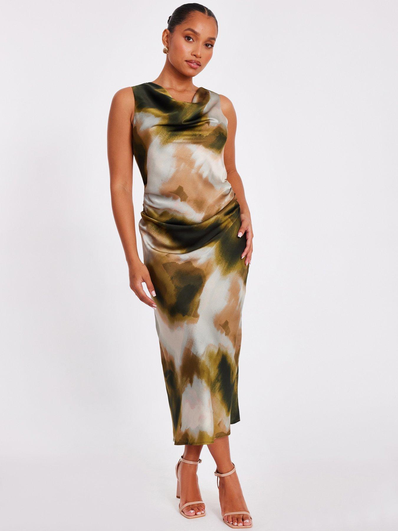 Quiz Petite Khaki Satin Printed Midaxi Dress