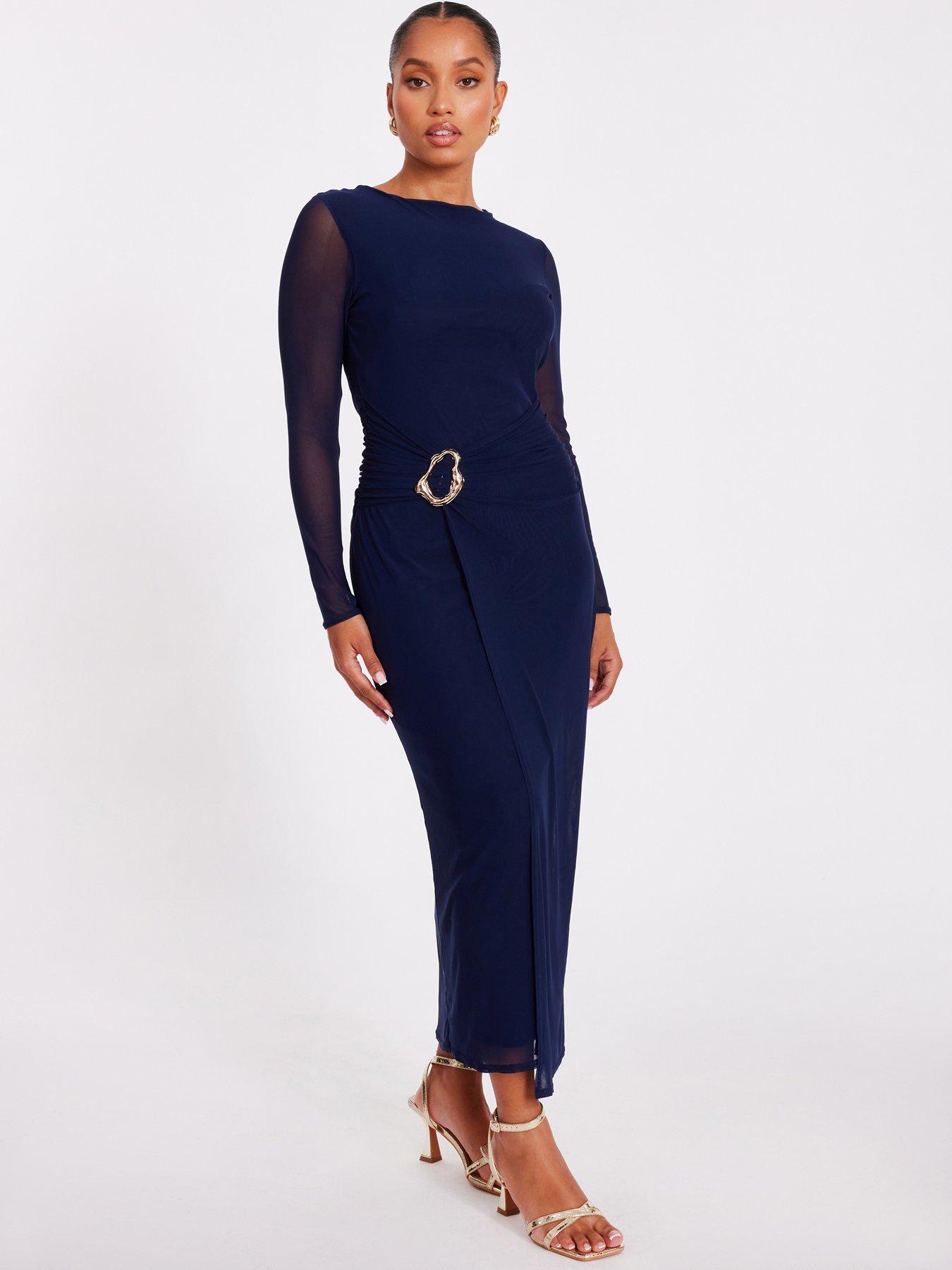 Quiz Petite Navy Mesh Buckle Midaxi Dress