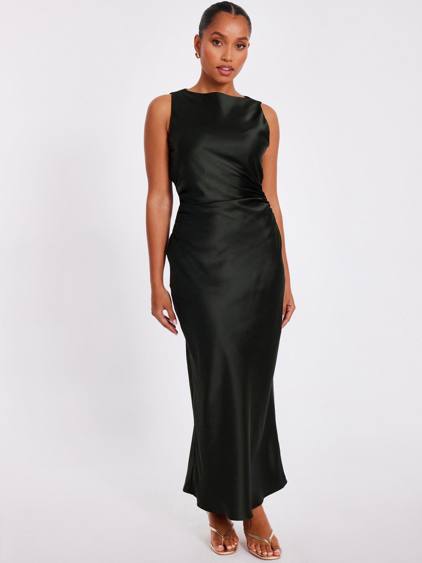 Quiz Petite Olive Satin Ruched Midaxi Dress