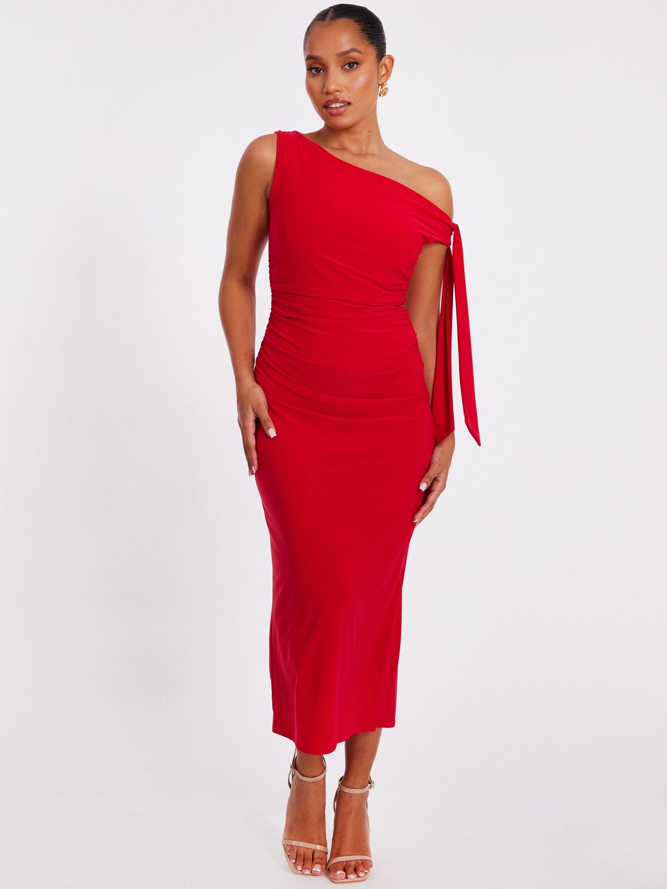 Image 1 of 6 of Quiz Petite Red Asymmetric Midaxi Dress