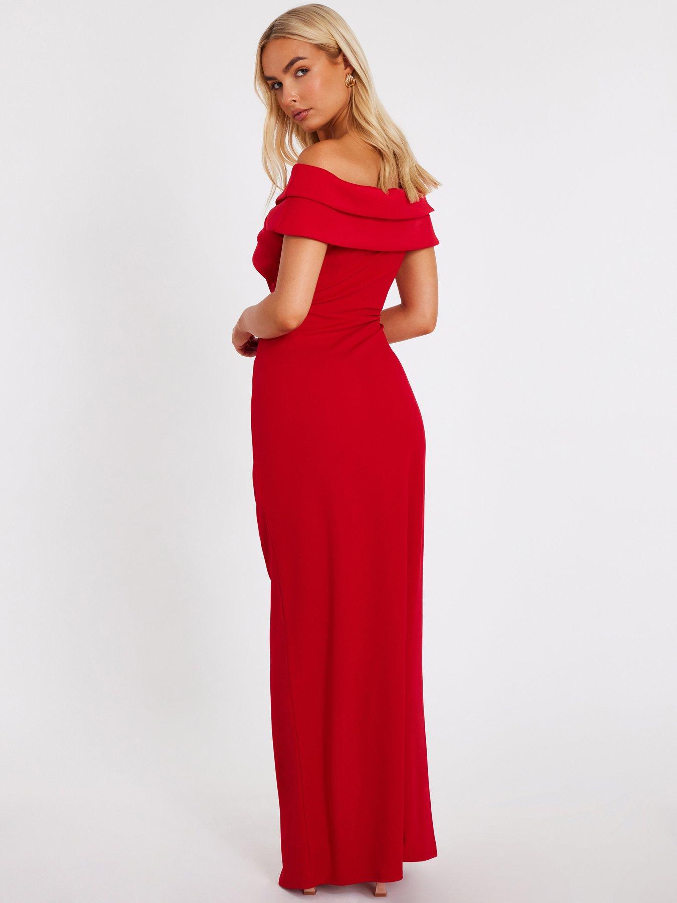 quiz red bardot dress Quiz Red Bardot Skater Midi Dress