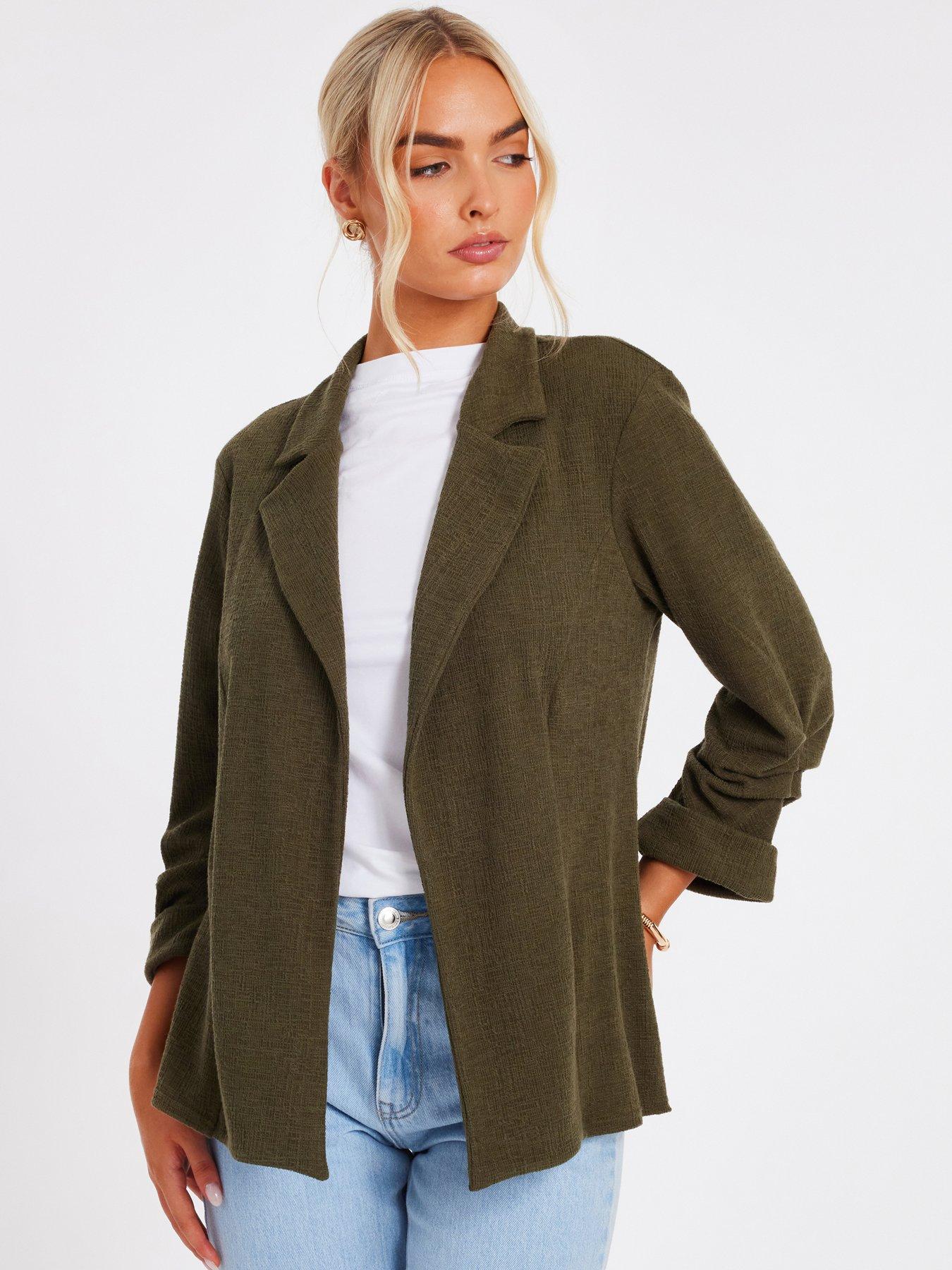 Quiz Khaki Textured Ruched Sleeve Blazer