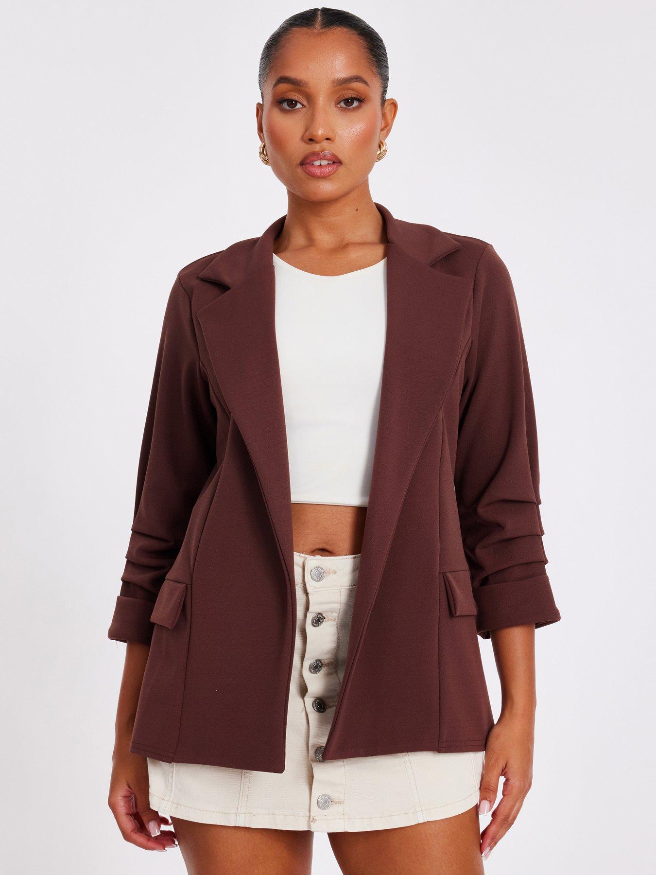 Image 1 of 6 of Quiz Petite Brown Ruched Sleeve Blazer