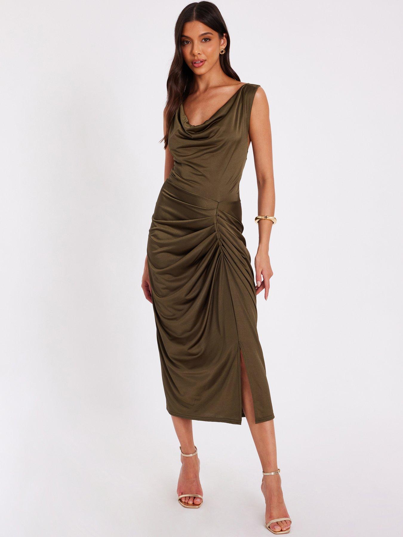 Image 1 of 5 of Quiz Khaki Cowl Neck Midi Dress