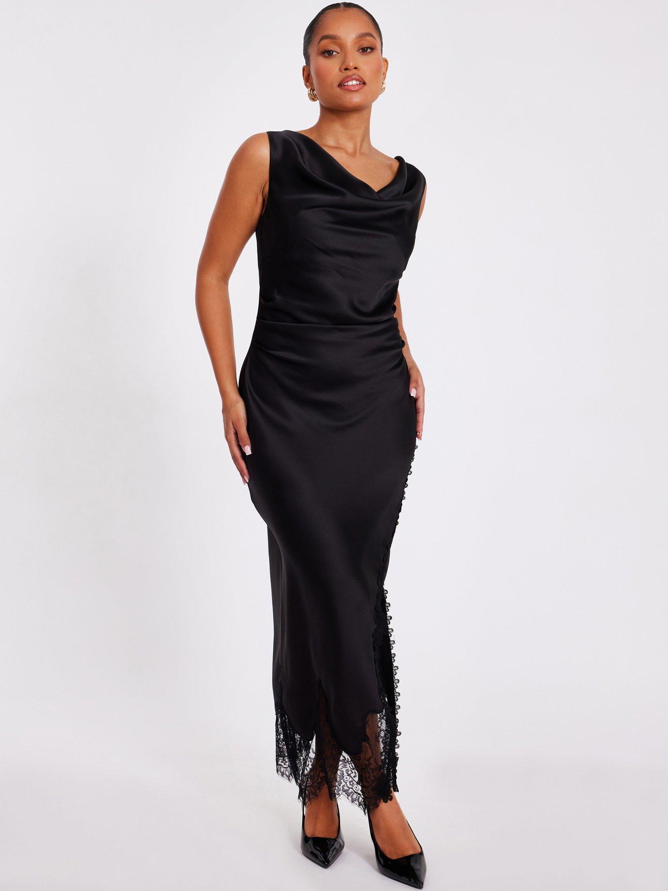 Image 1 of 6 of Quiz Petite Black Satin Midaxi Dress
