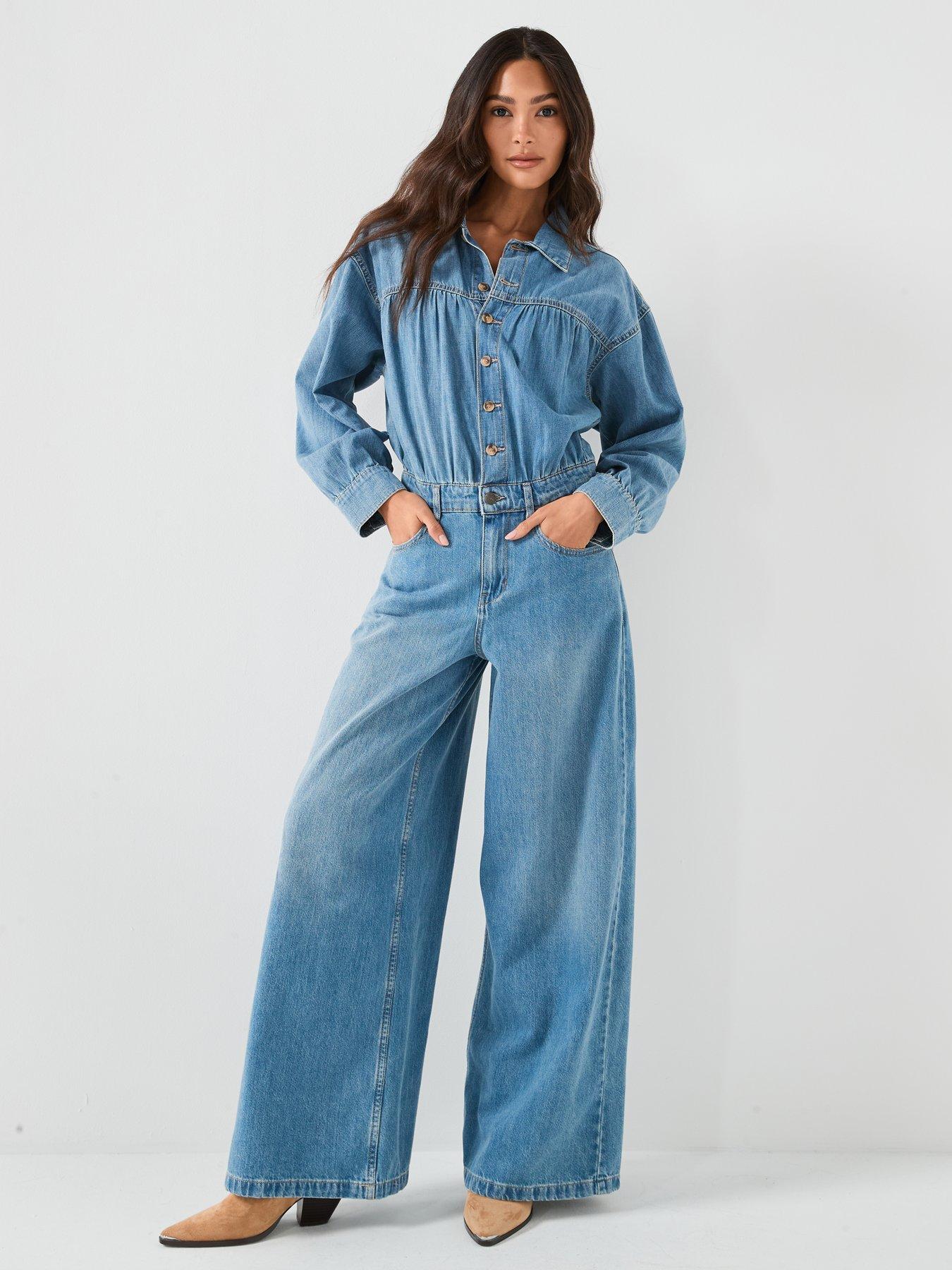 FREE PEOPLE Carpe Diem One Piece Denim Jumpsuit - Blue