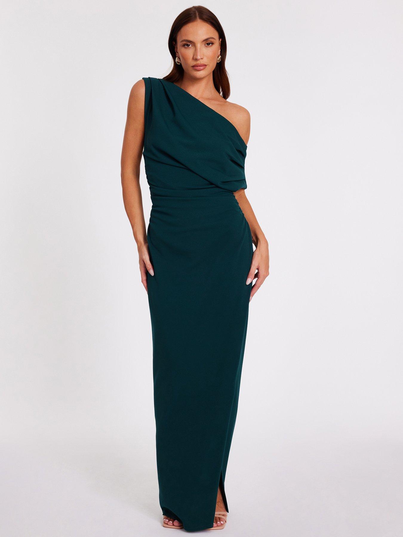 Image 1 of 6 of Quiz Bottle Green Asymmetric Maxi Dress