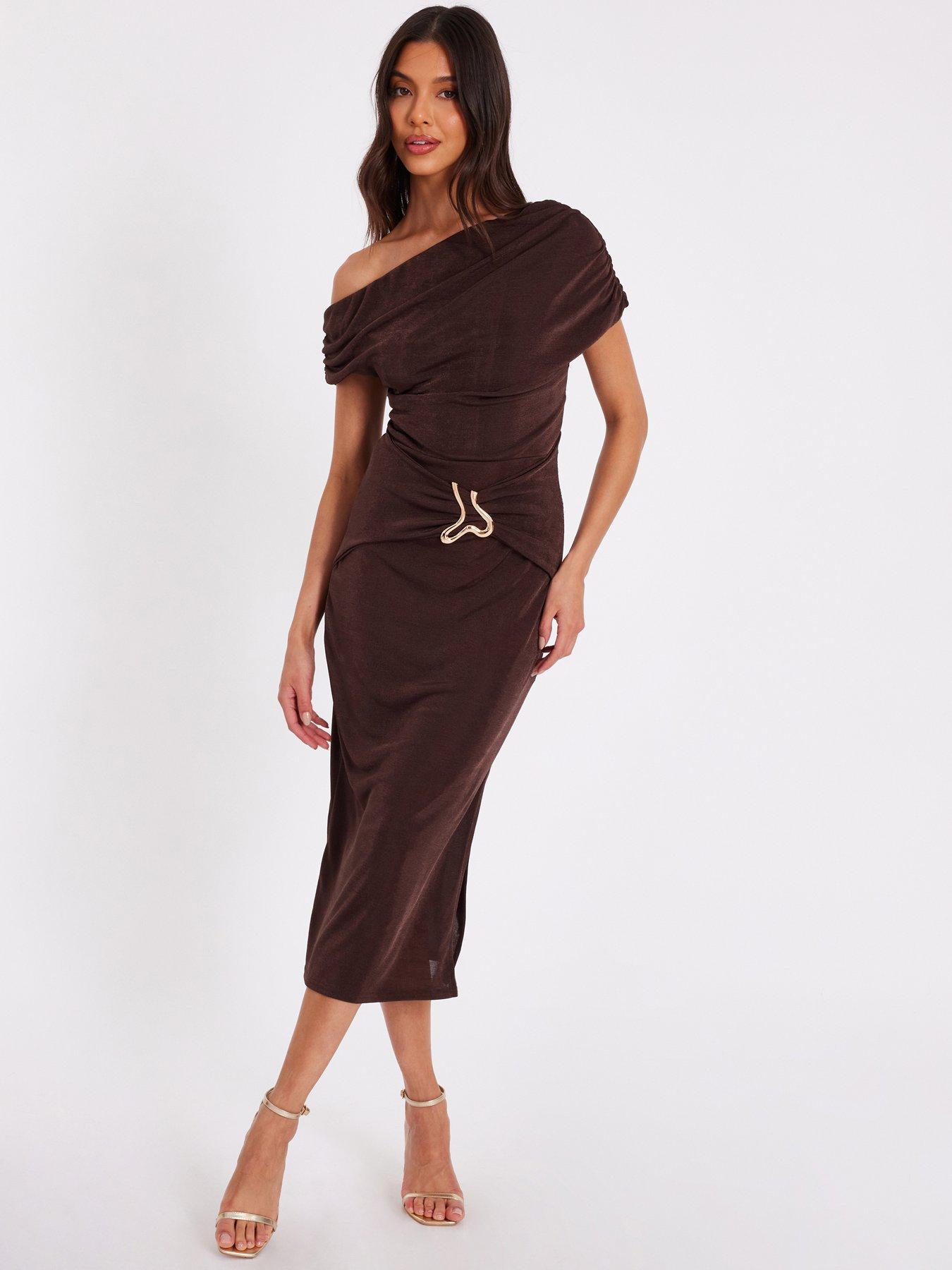 Image 1 of 6 of Quiz Brown Drop Sleeve Buckle Midaxi Dress