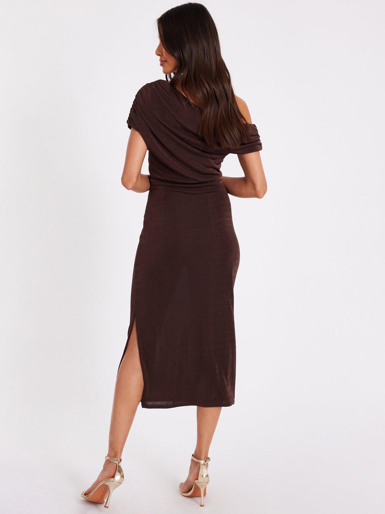 Image 2 of 6 of Quiz Brown Drop Sleeve Buckle Midaxi Dress