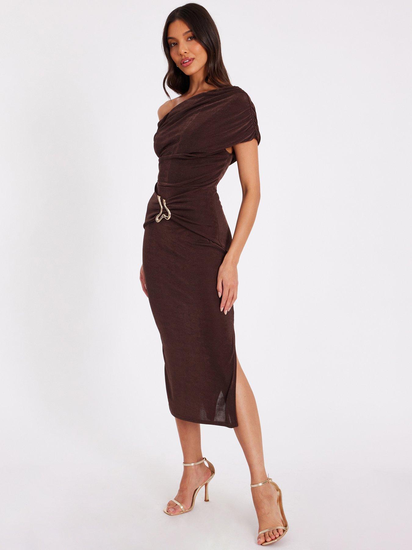 Image 3 of 6 of Quiz Brown Drop Sleeve Buckle Midaxi Dress