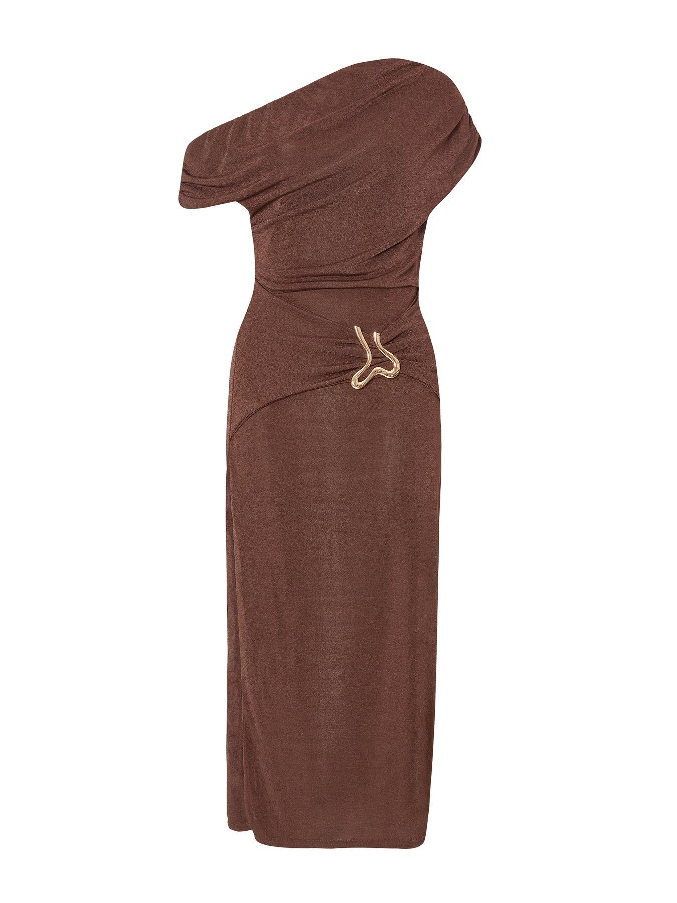 Image 5 of 6 of Quiz Brown Drop Sleeve Buckle Midaxi Dress