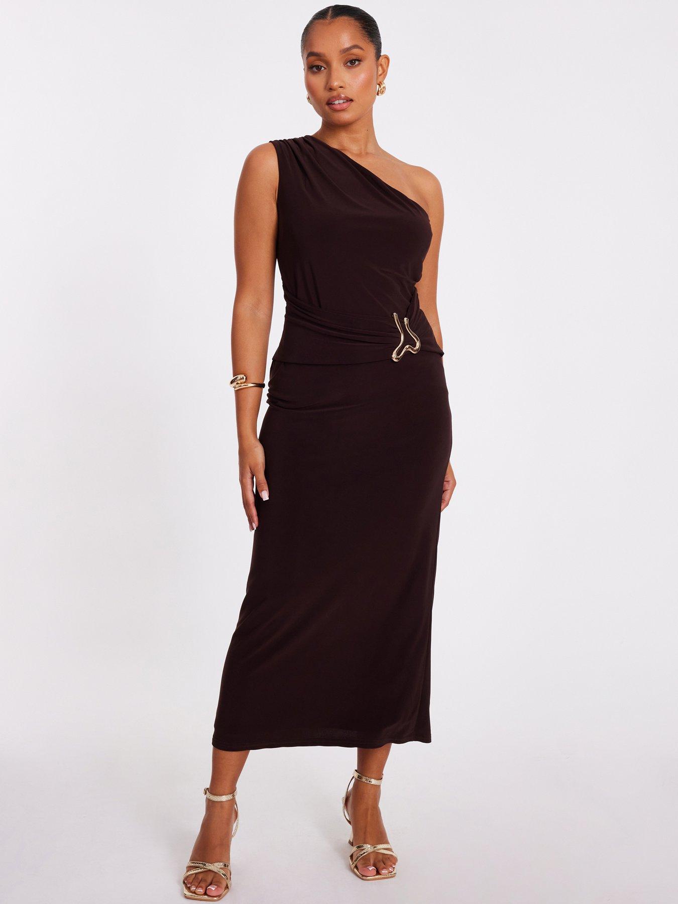Quiz Petite Brown One Shoulder Ruched Dress