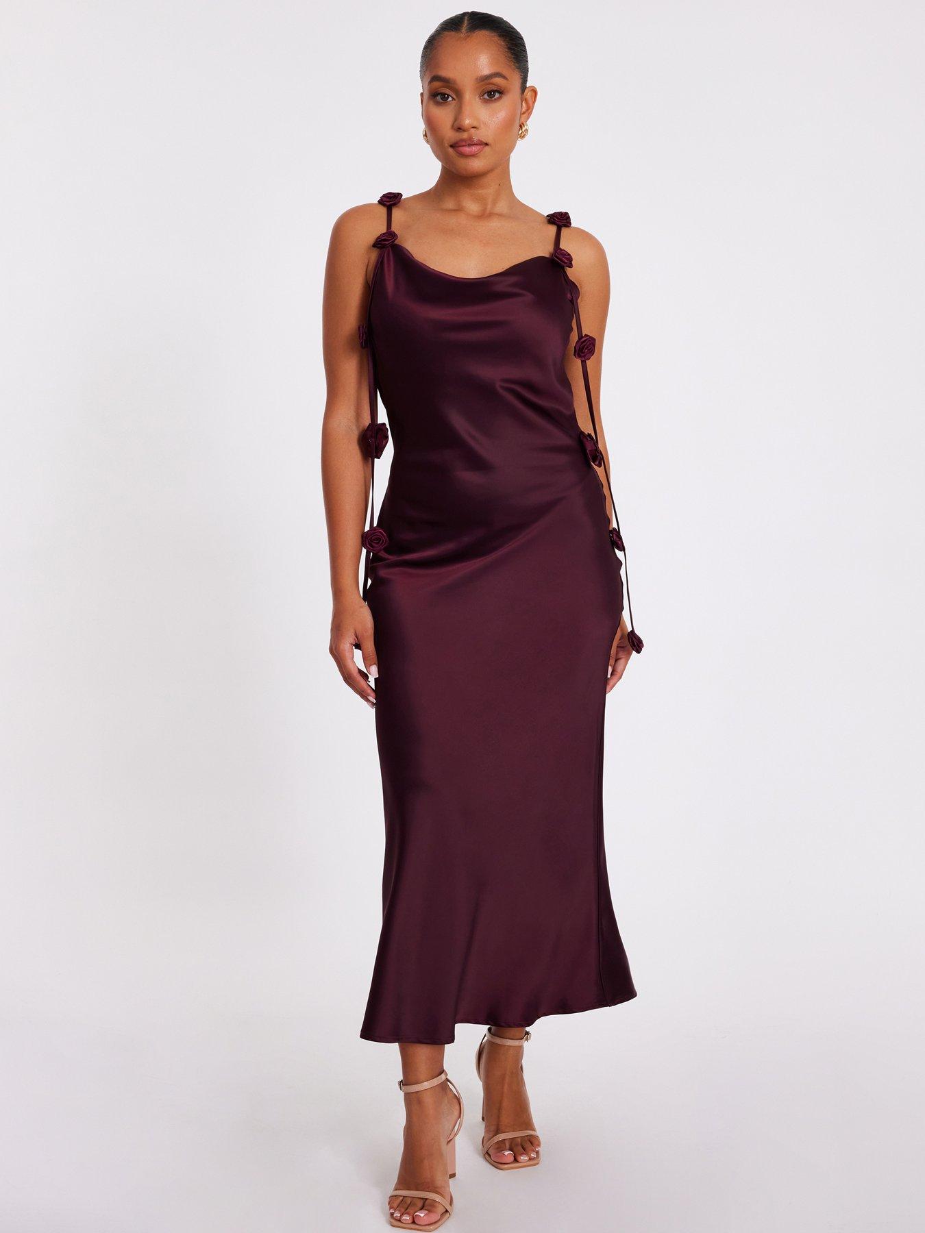 Quiz Petite Dark Red Satin Midaxi Dress