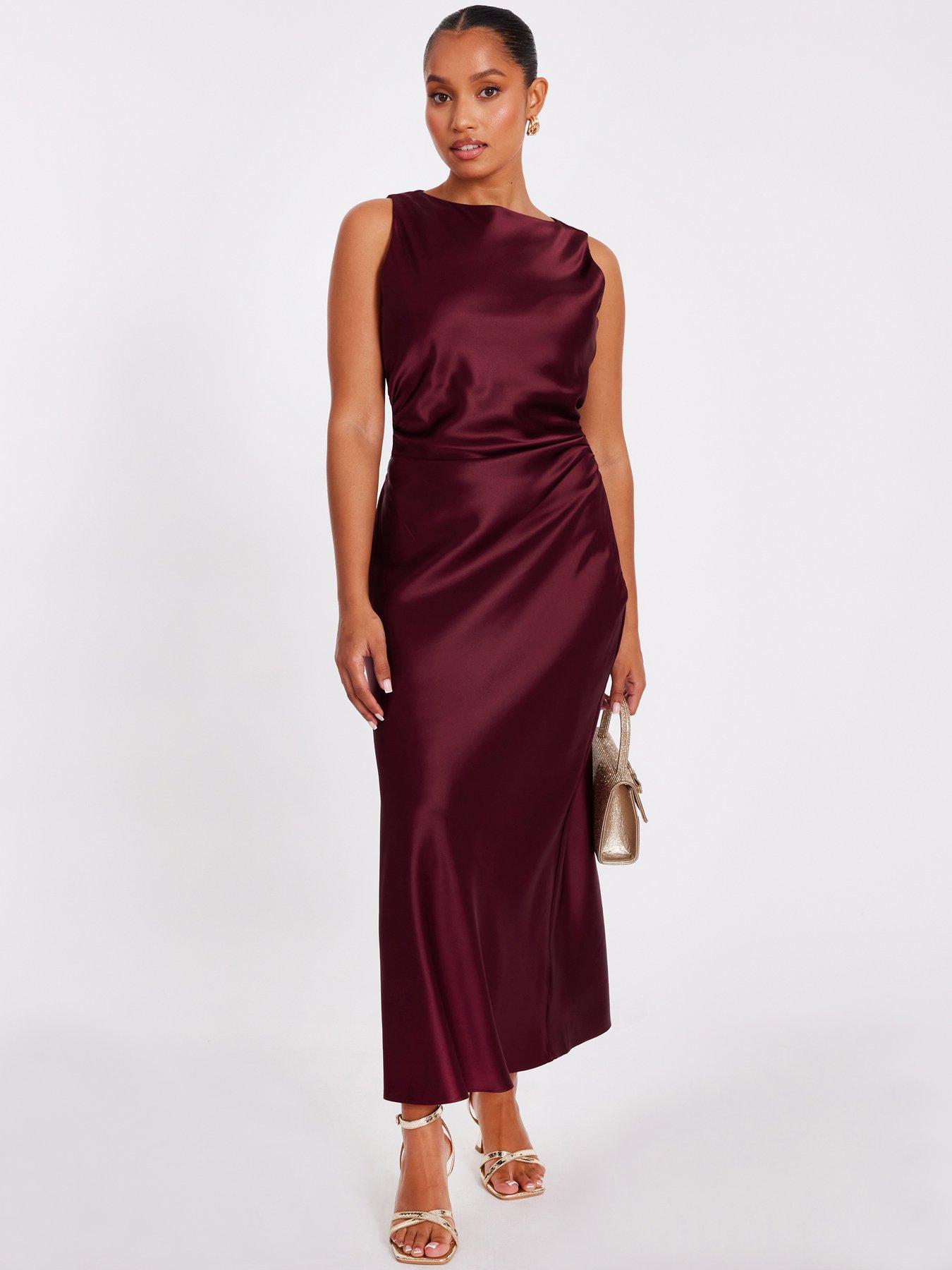 Quiz Petite Dark Red Satin Ruched Midaxi Dress