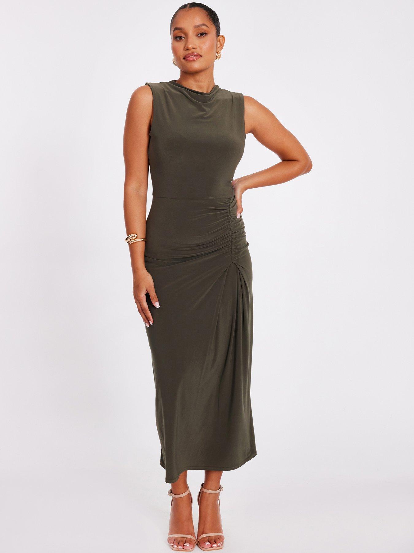 Quiz Petite Khaki Ruched Bodycon Midaxi Dress