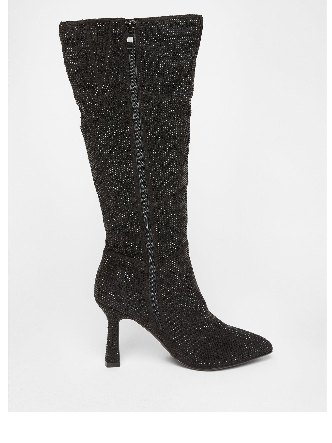 Quiz Wide Fit Black Diamante Knee High Boot