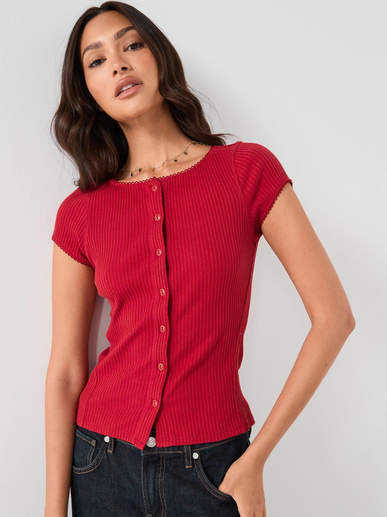 Image 1 of 6 of FREE PEOPLE Most Wanted Ribbed Button Up Top&nbsp;- Red