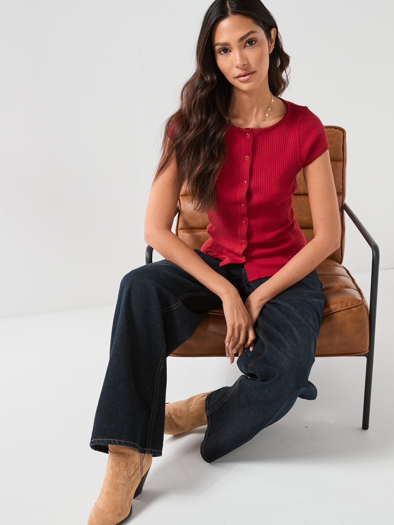Image 4 of 6 of FREE PEOPLE Most Wanted Ribbed Button Up Top&nbsp;- Red
