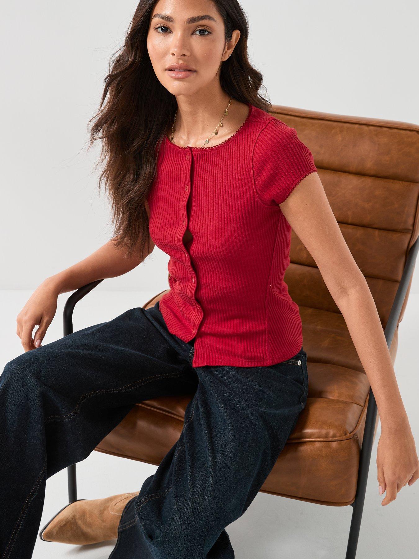 Image 6 of 6 of FREE PEOPLE Most Wanted Ribbed Button Up Top&nbsp;- Red