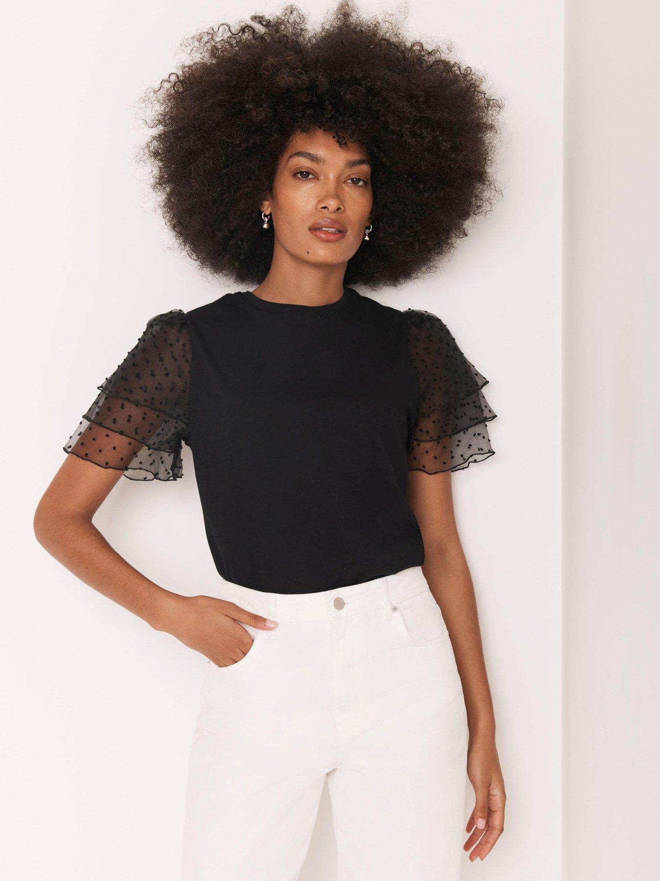 Mint Velvet Tulle Sleeve T-Shirt - Black | Very