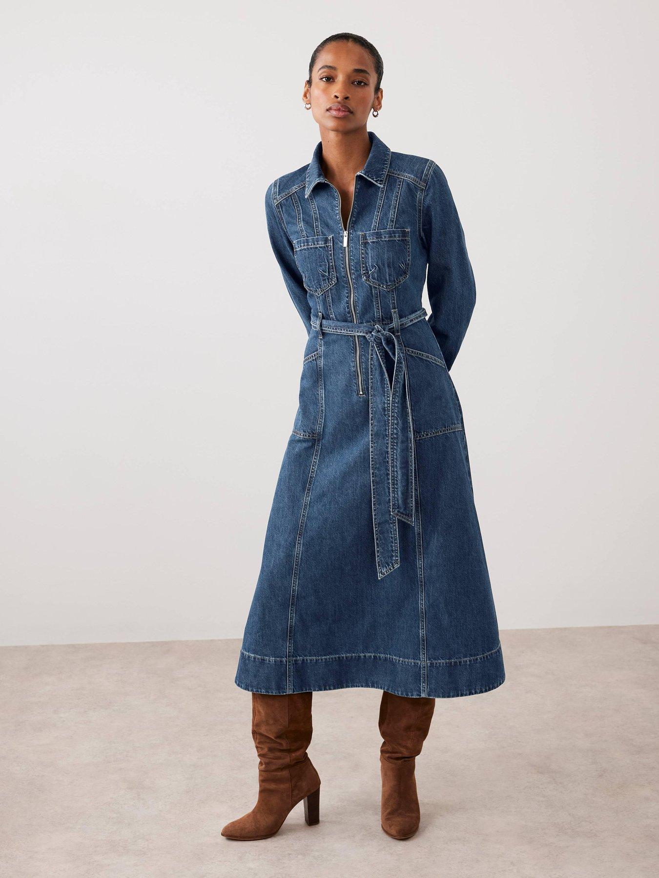 white christmas dresses Indigo Puff Sleeve Denim Midi Dress – Mint Velvet