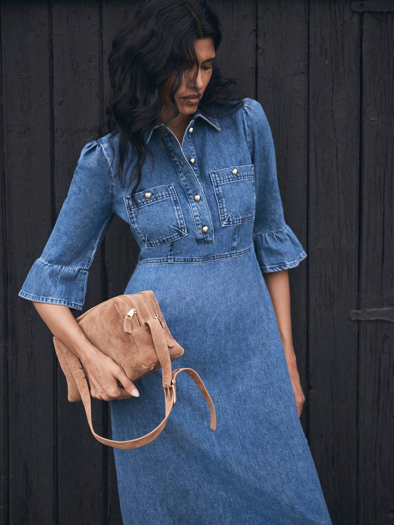 soft denim dress uk Sosandar Mid Blue Panelled Detail Button Front Denim Dress by Sosandar