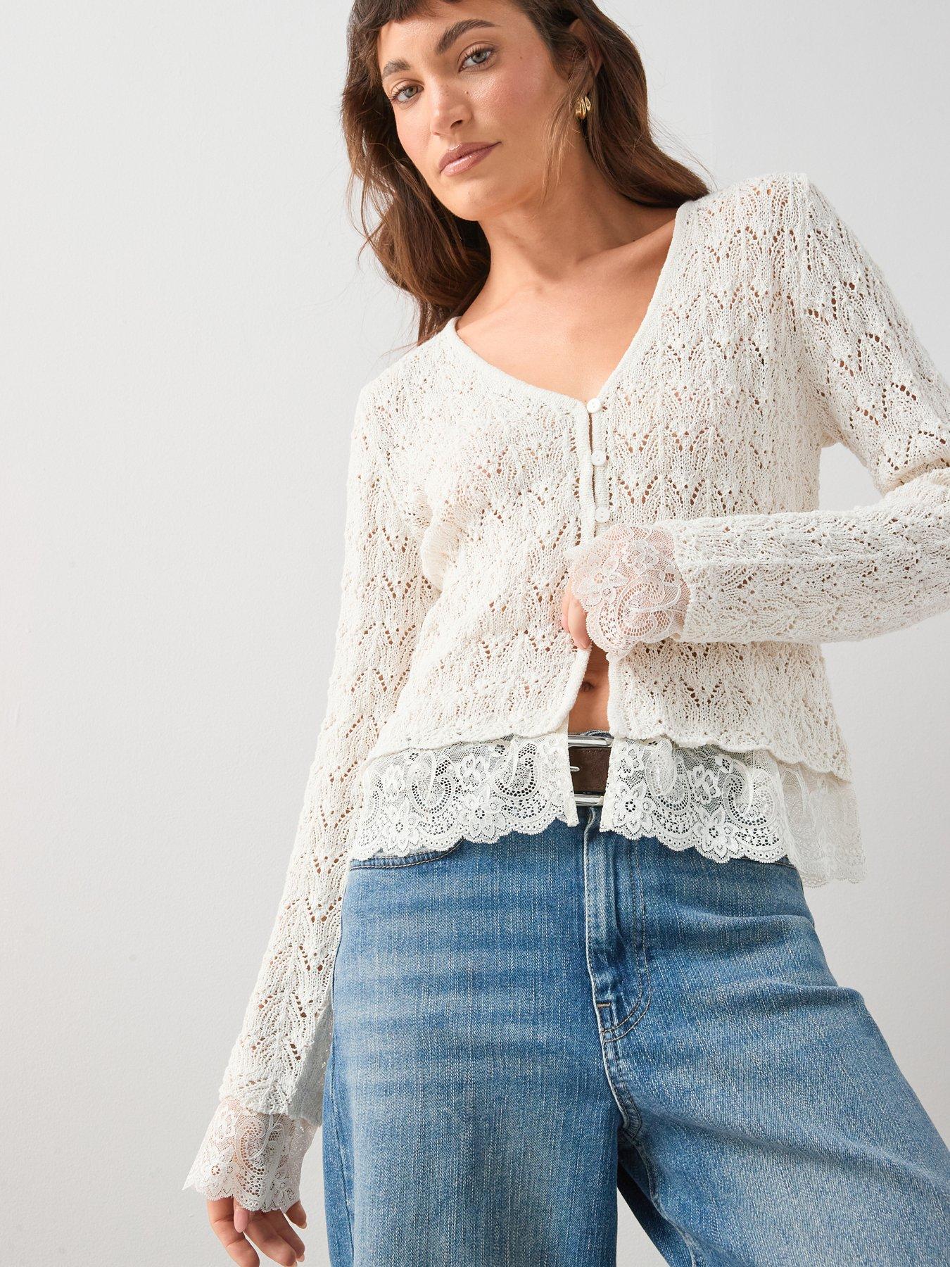 The Very Collection Cotton Rich Pointelle V Neck Cardigan With Lace Trim - Cream
