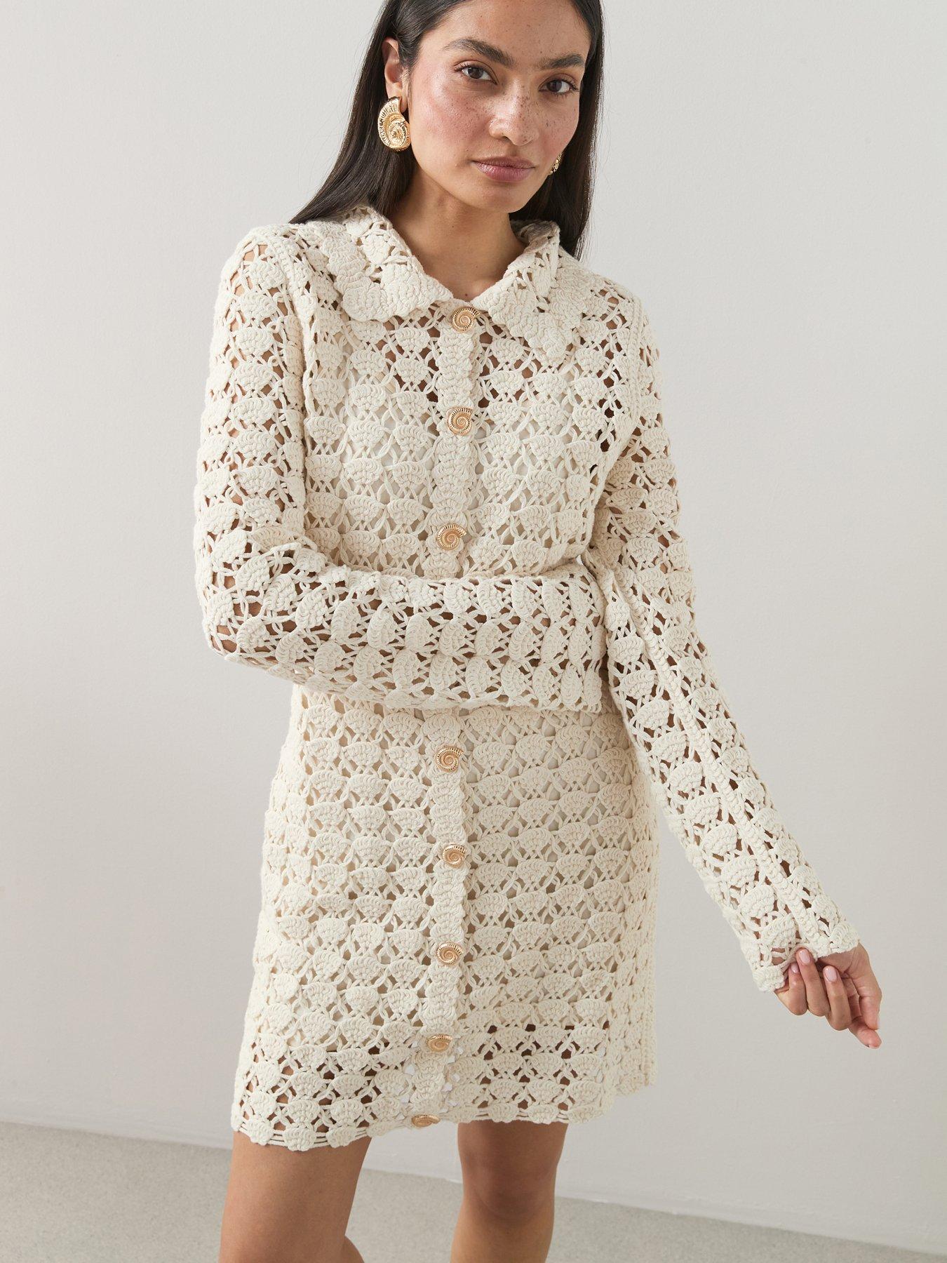 The Very Collection: Cotton Rich Long Sleeve Collared Crochet Mini Dress - Cream