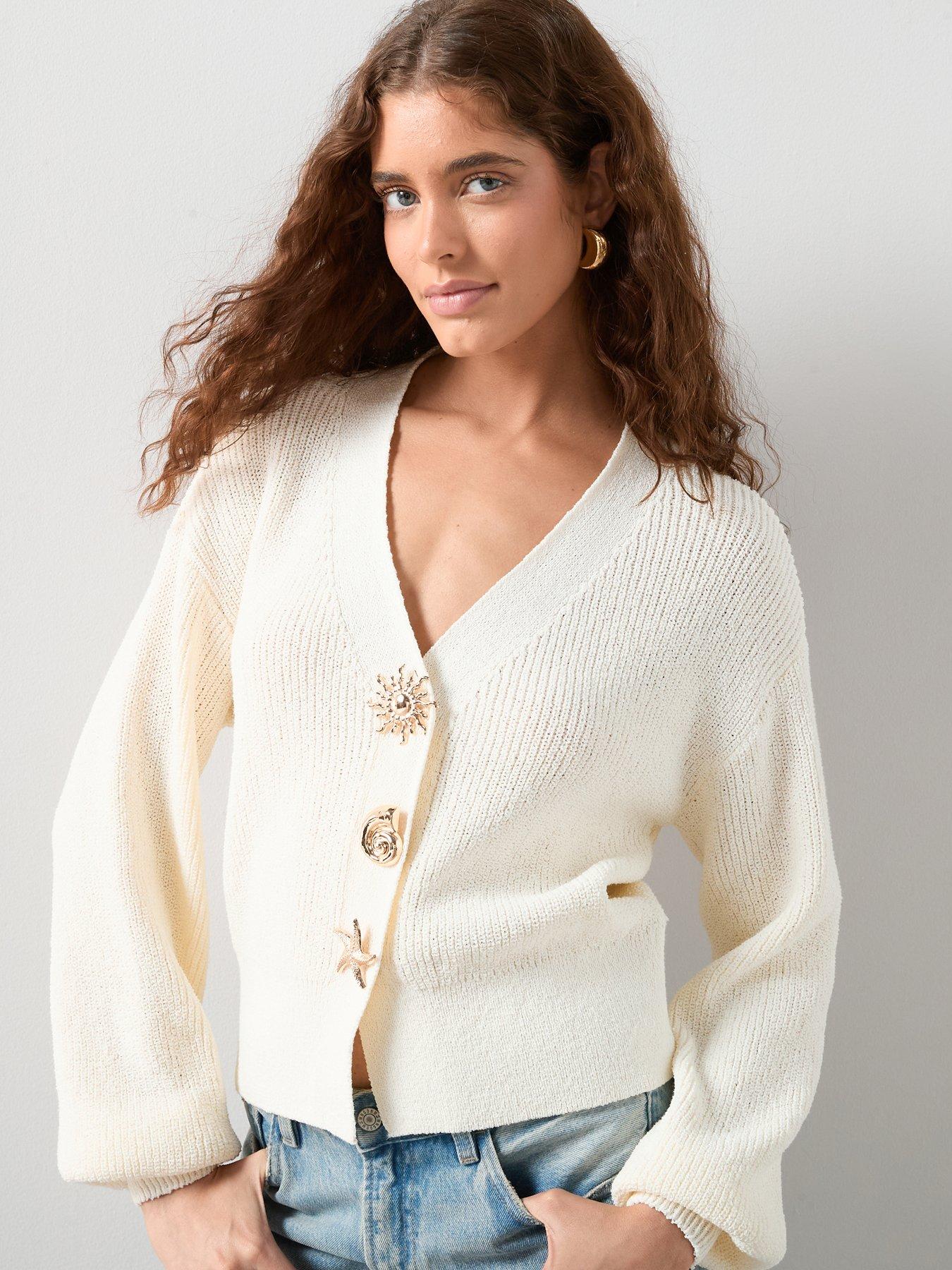 The Very Collection Cotton Rich Button Interest V Neck Cardigan - Cream