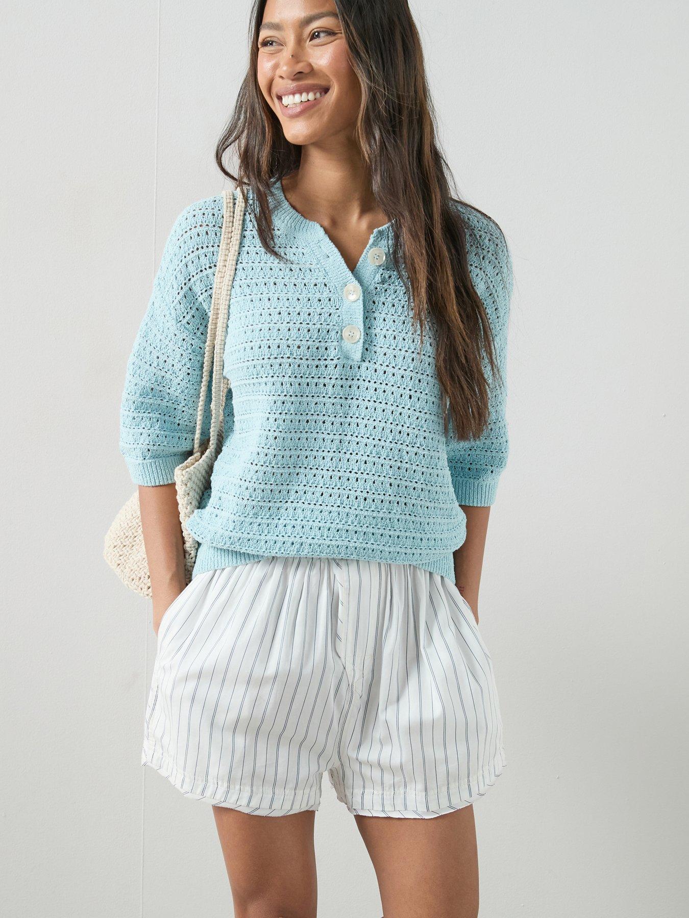 The Very Collection Cotton Rich Half Placket Short Sleeve Jumper - Light Blue