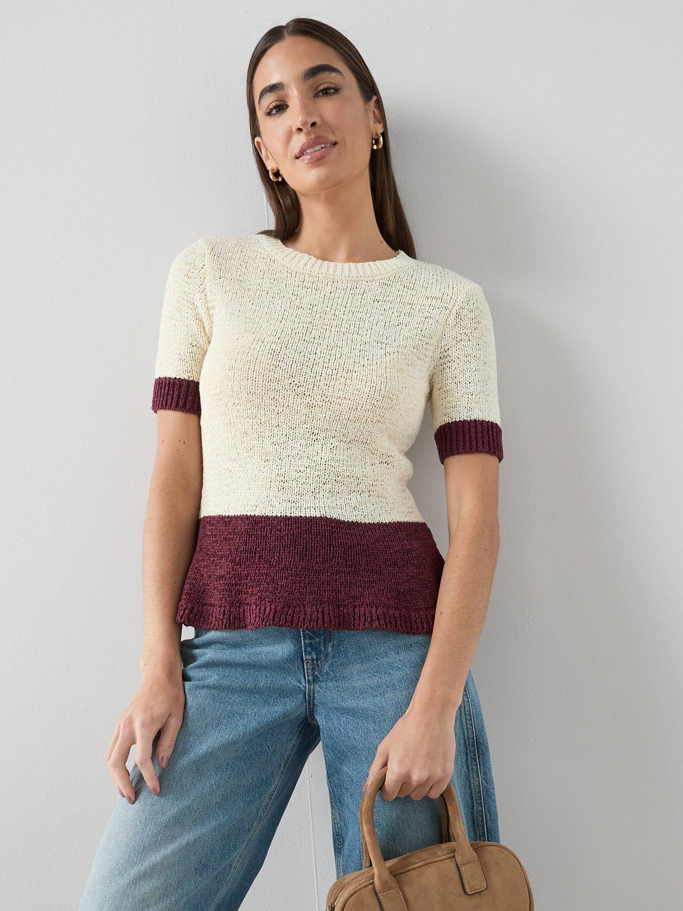 The Very Collection Short Sleeve Colour Block Peplum Knitted Top - Cream/burg