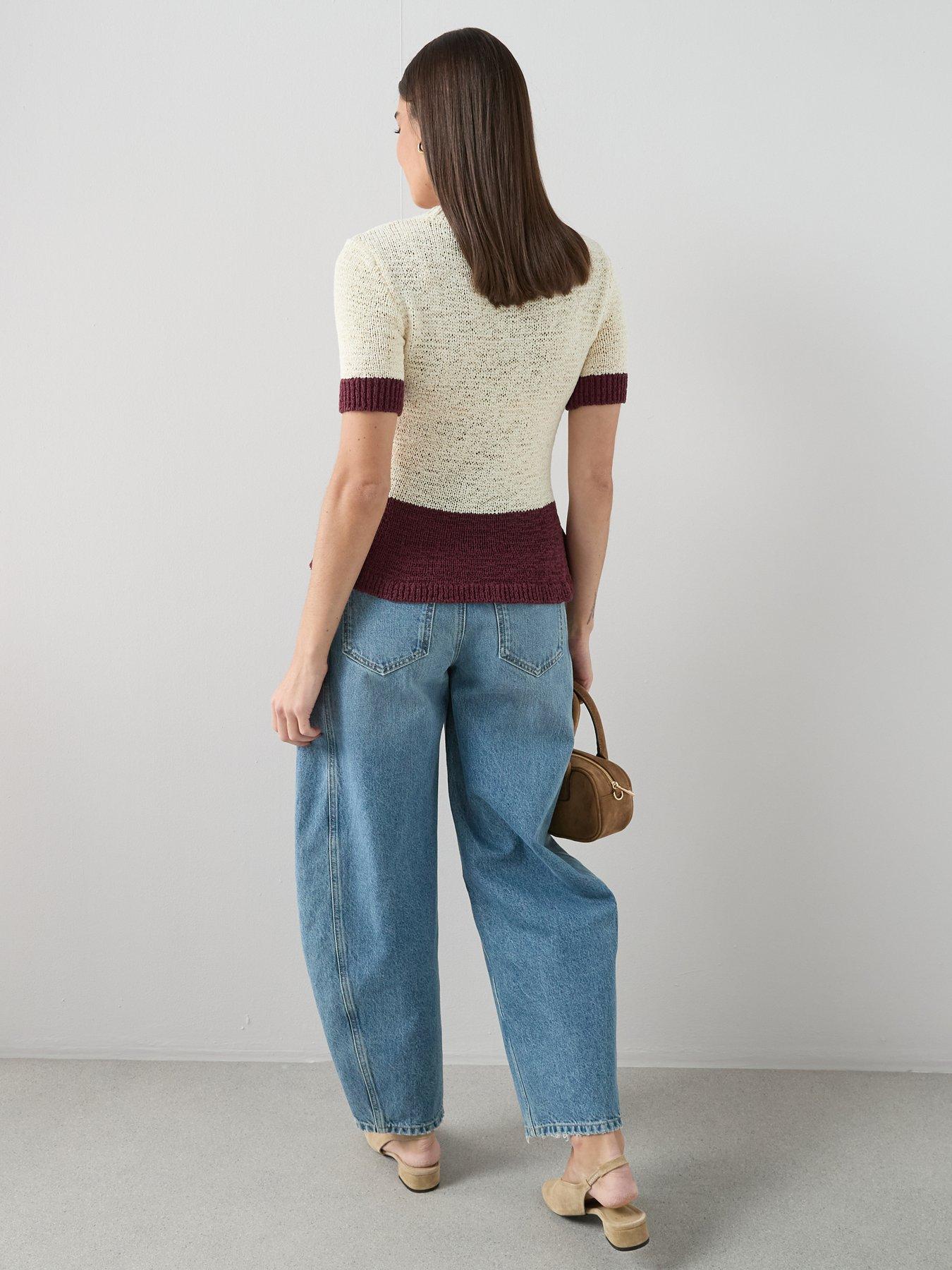 Image 2 of 6 of The Very Collection Short Sleeve Colour Block Peplum Knitted Top - Cream/burg